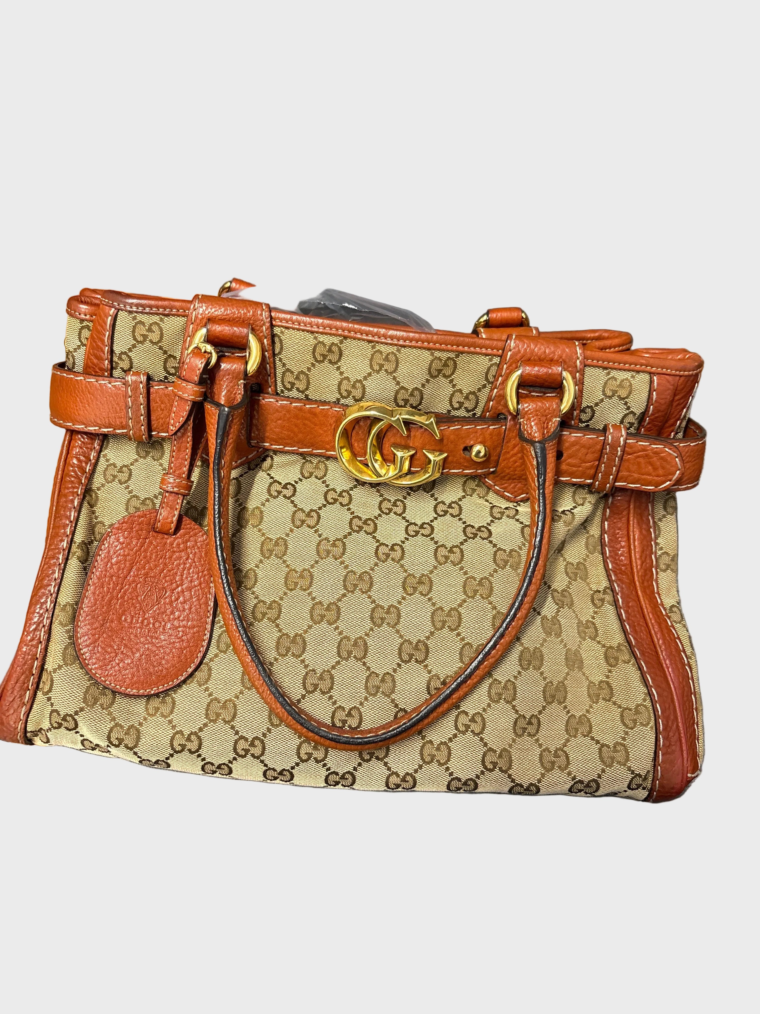 Gucci GG Marmont Tote Small en lona GG Supreme y piel marrón