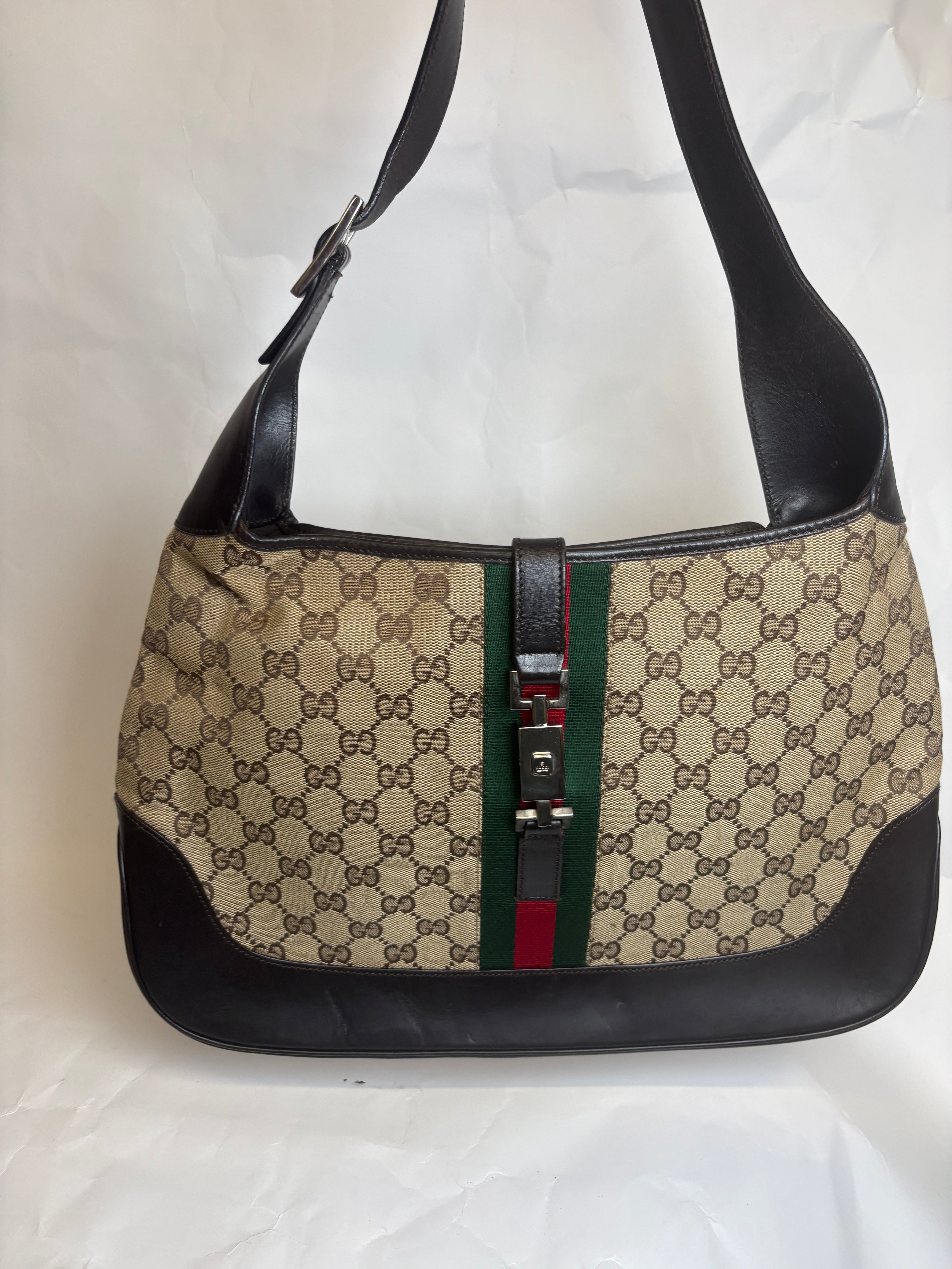 Gucci Jackie Grande Clásico Vintage | GG Canvas & Piel Marrón Oscuro