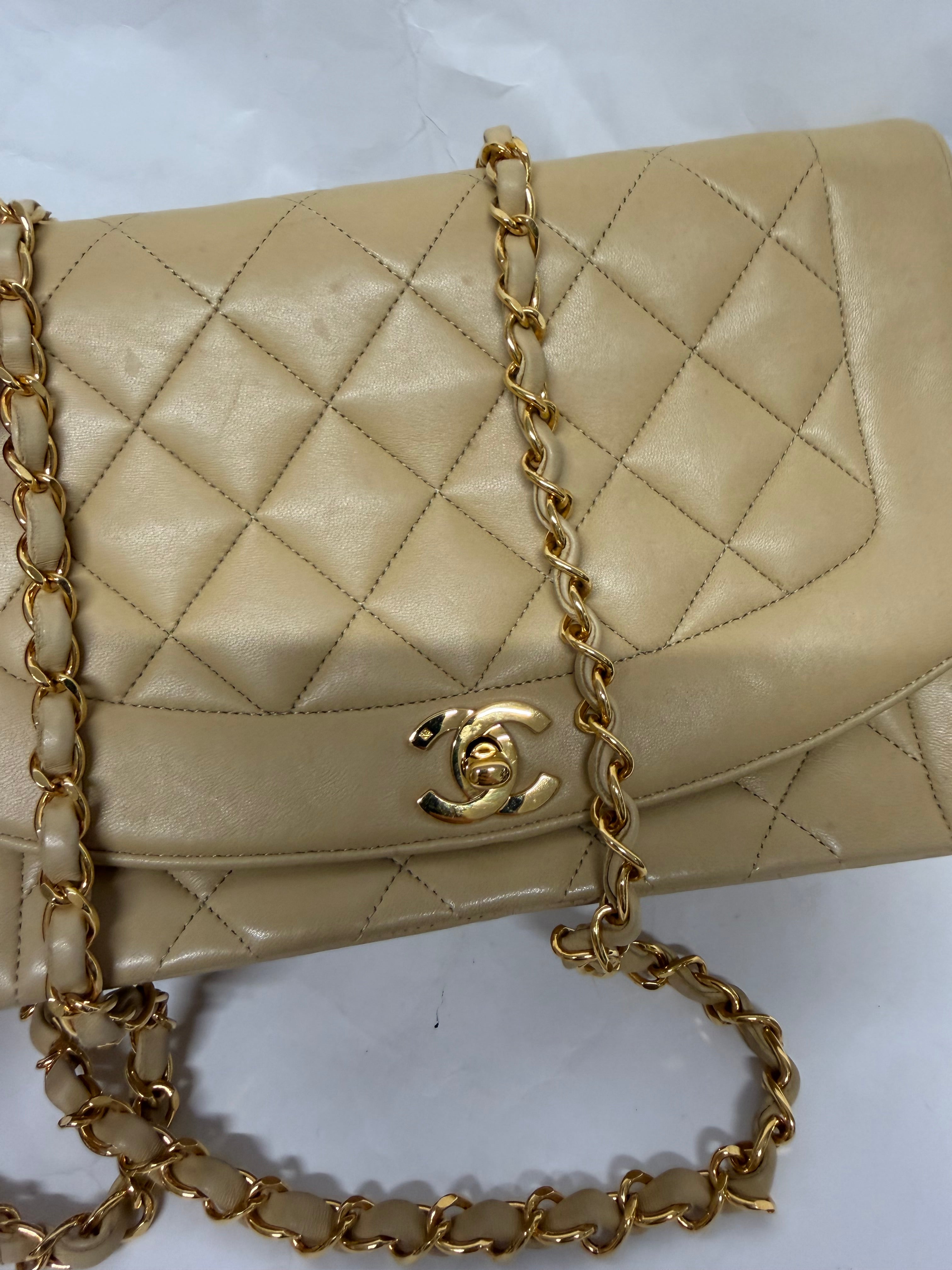 Chanel Diana Matelassé Lambskin Chain Shoulder Bag | Beige
