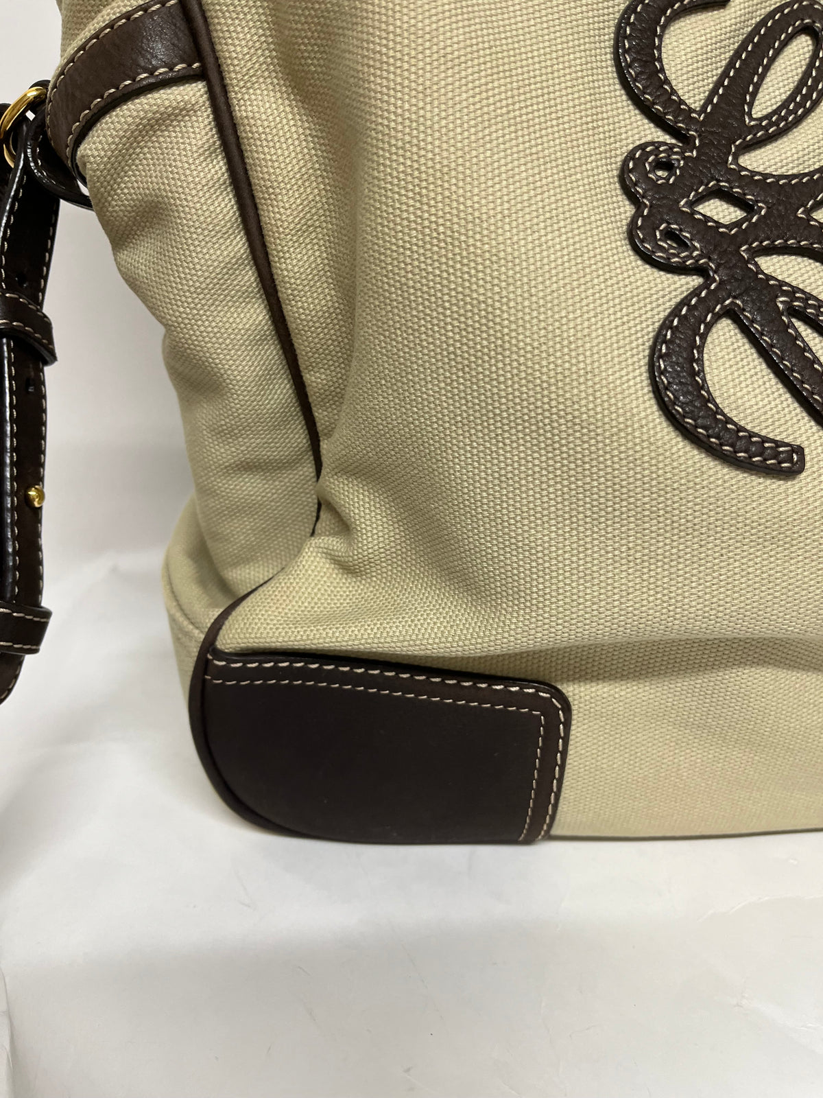 Loewe Tote Lona Crema con Anagrama en Piel Marrón y bandolera