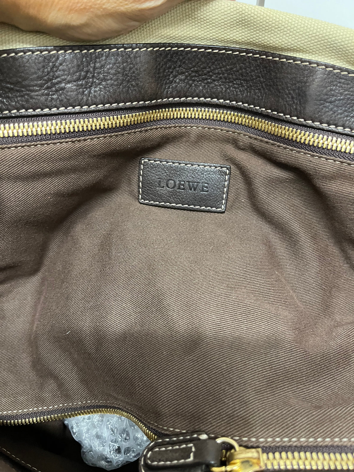 Loewe Tote Lona Crema con Anagrama en Piel Marrón y bandolera