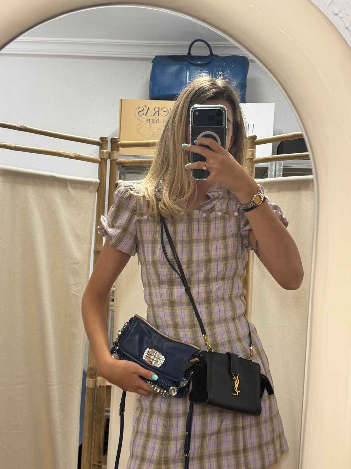 Miu Miu mini Matelassé Crystal Frame Flap Napa Azul