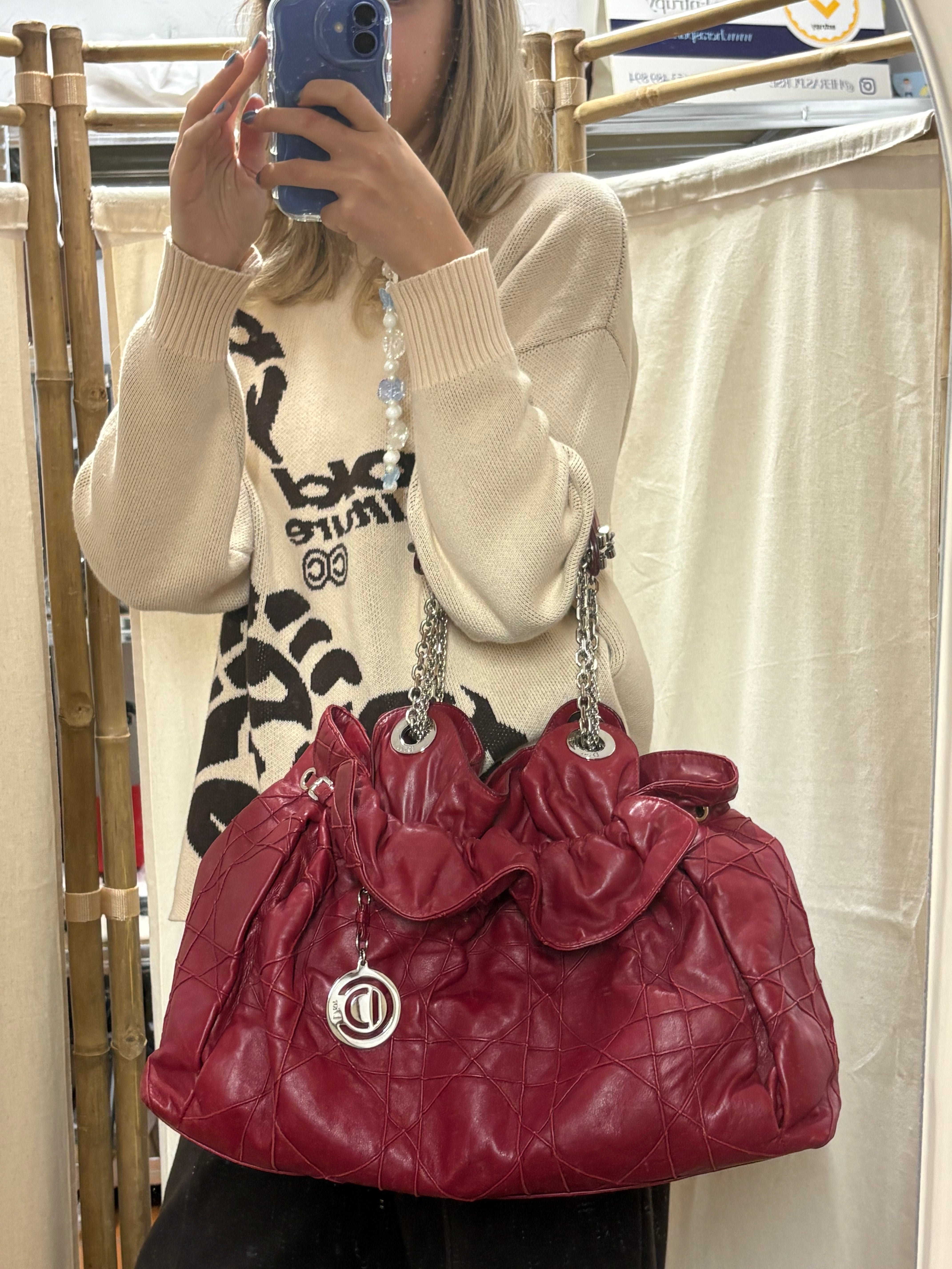 Christian Dior Soft Cannage Chain Tote Large – Piel Roja con Cadena Plateada