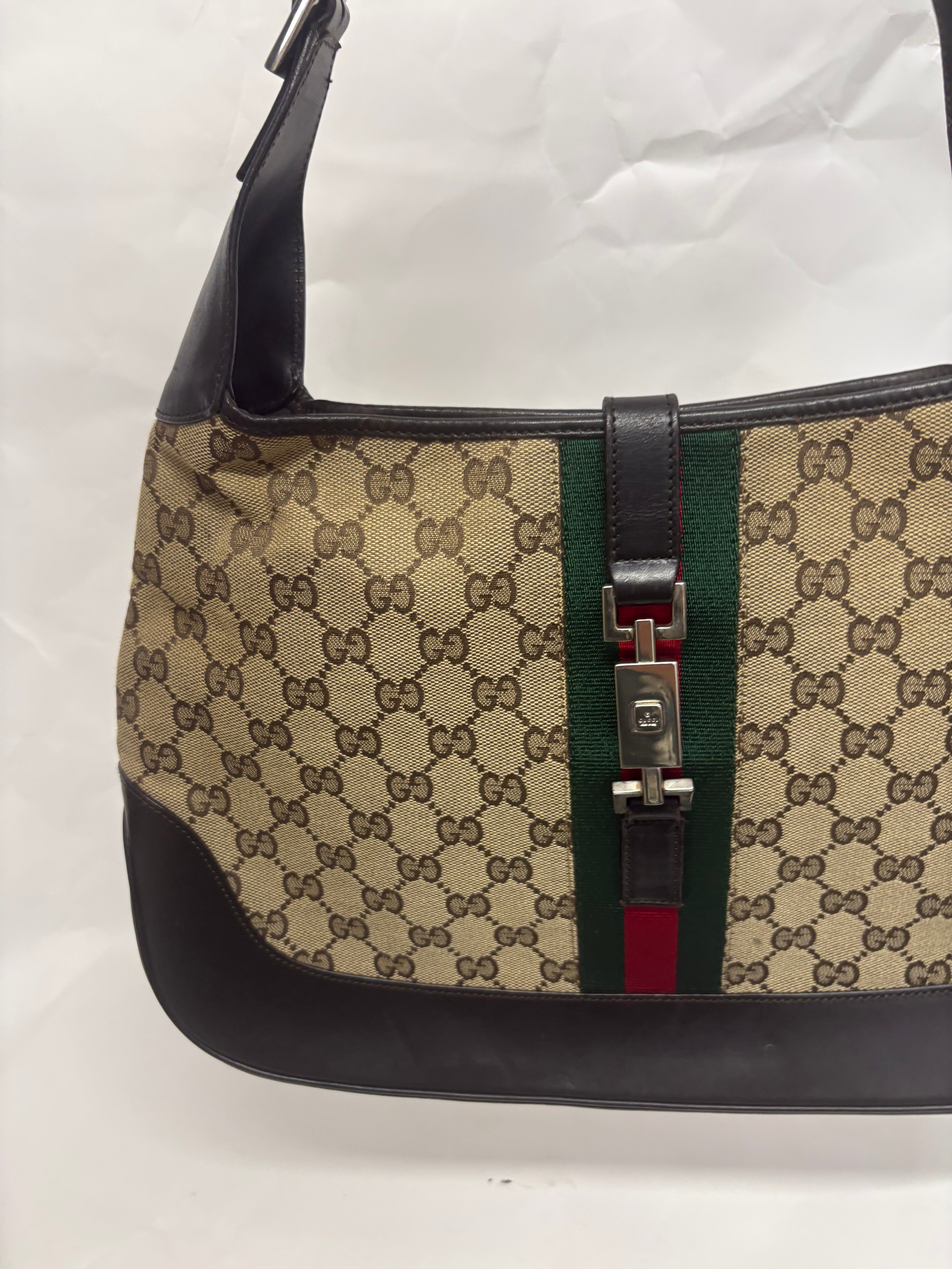 Gucci Jackie Grande Clásico Vintage | GG Canvas & Piel Marrón Oscuro