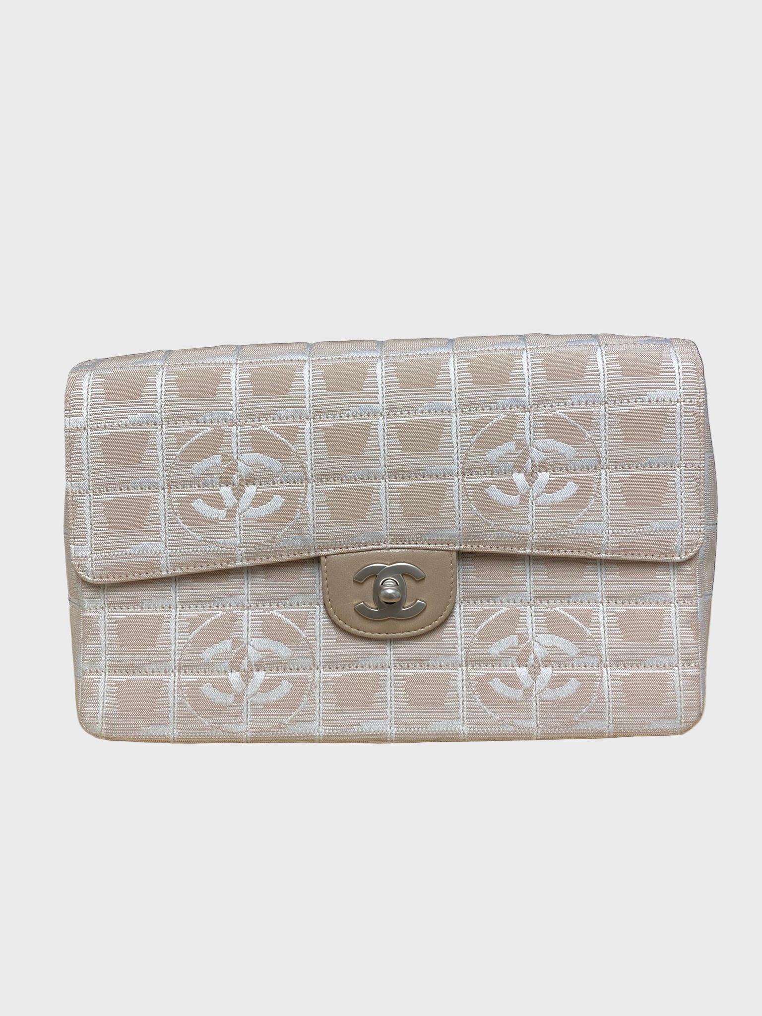 Chanel Timeless lona rosa-beige “Choco Bar” bandolera