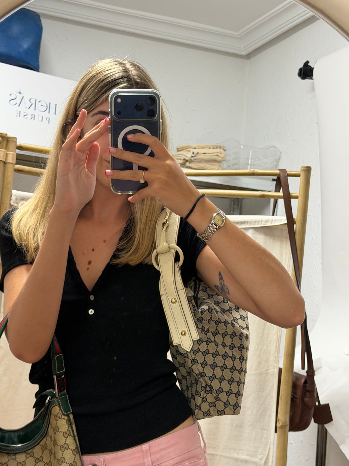 Gucci Horsebit Hobo Lona GG Azul Marino con Asa en Resina Marfil