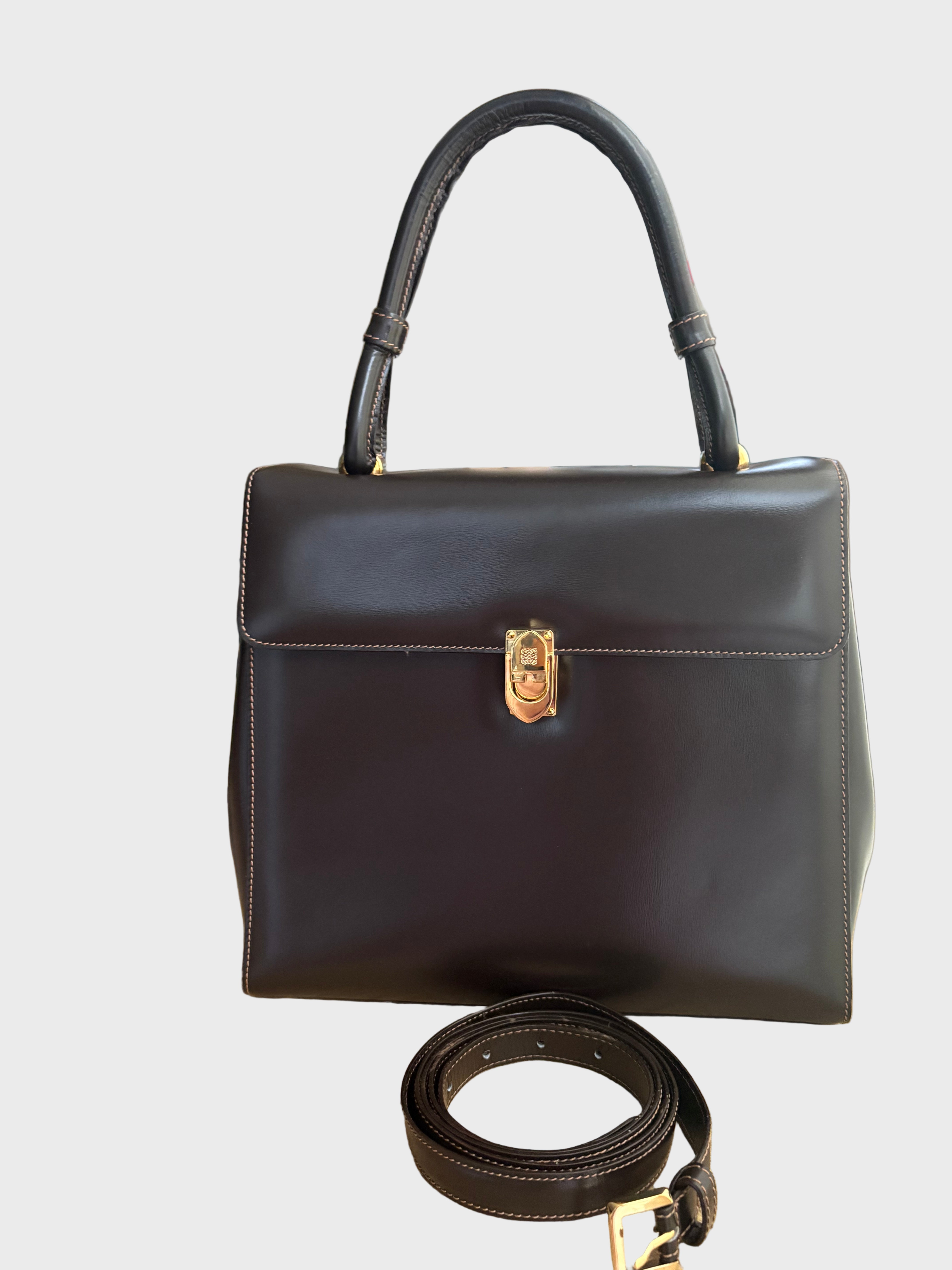 Bolso vintage Loewe de piel marrón oscuro con asa rígida y bandolera
