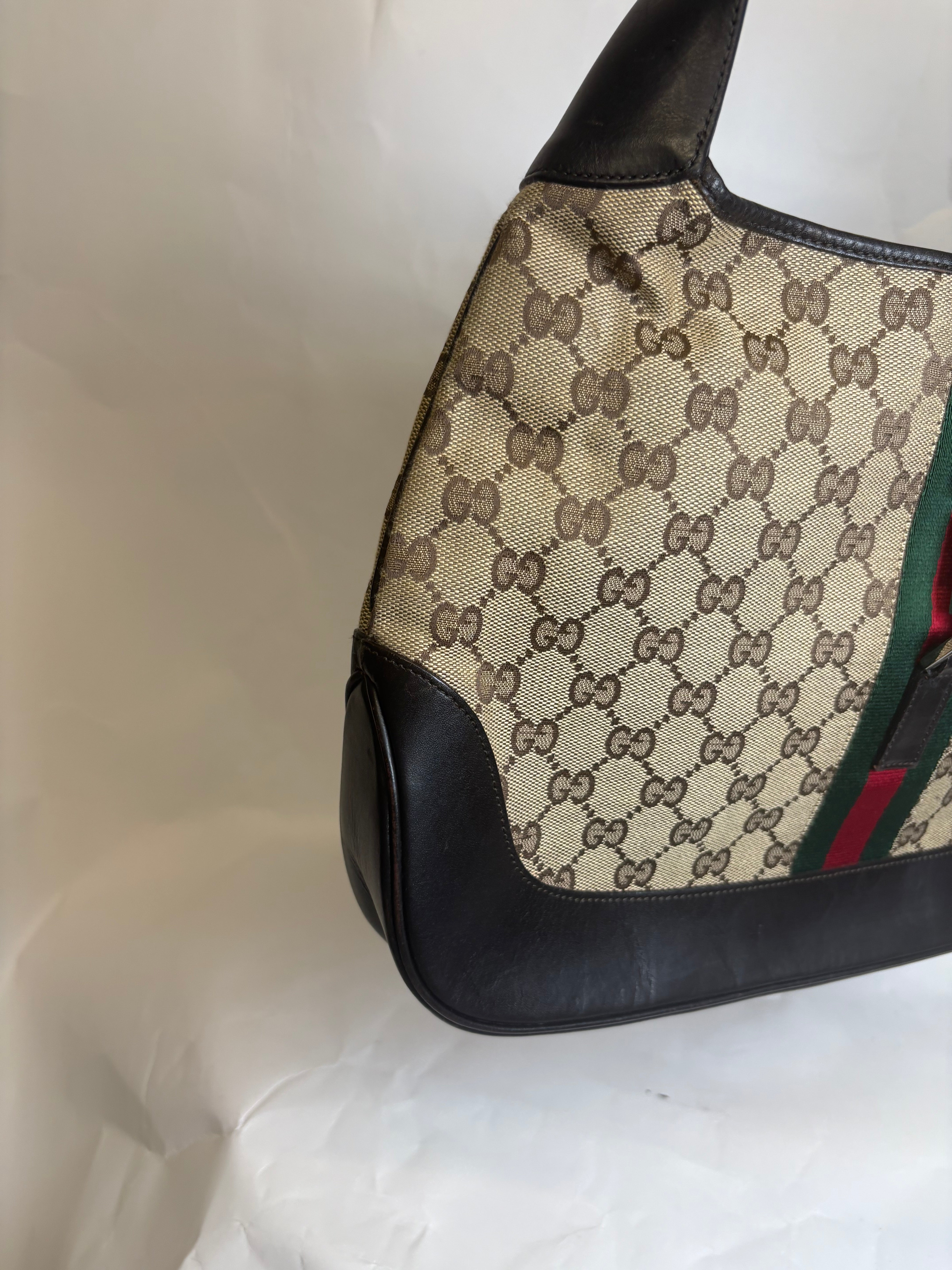 Gucci Jackie Grande Clásico Vintage | GG Canvas & Piel Marrón Oscuro