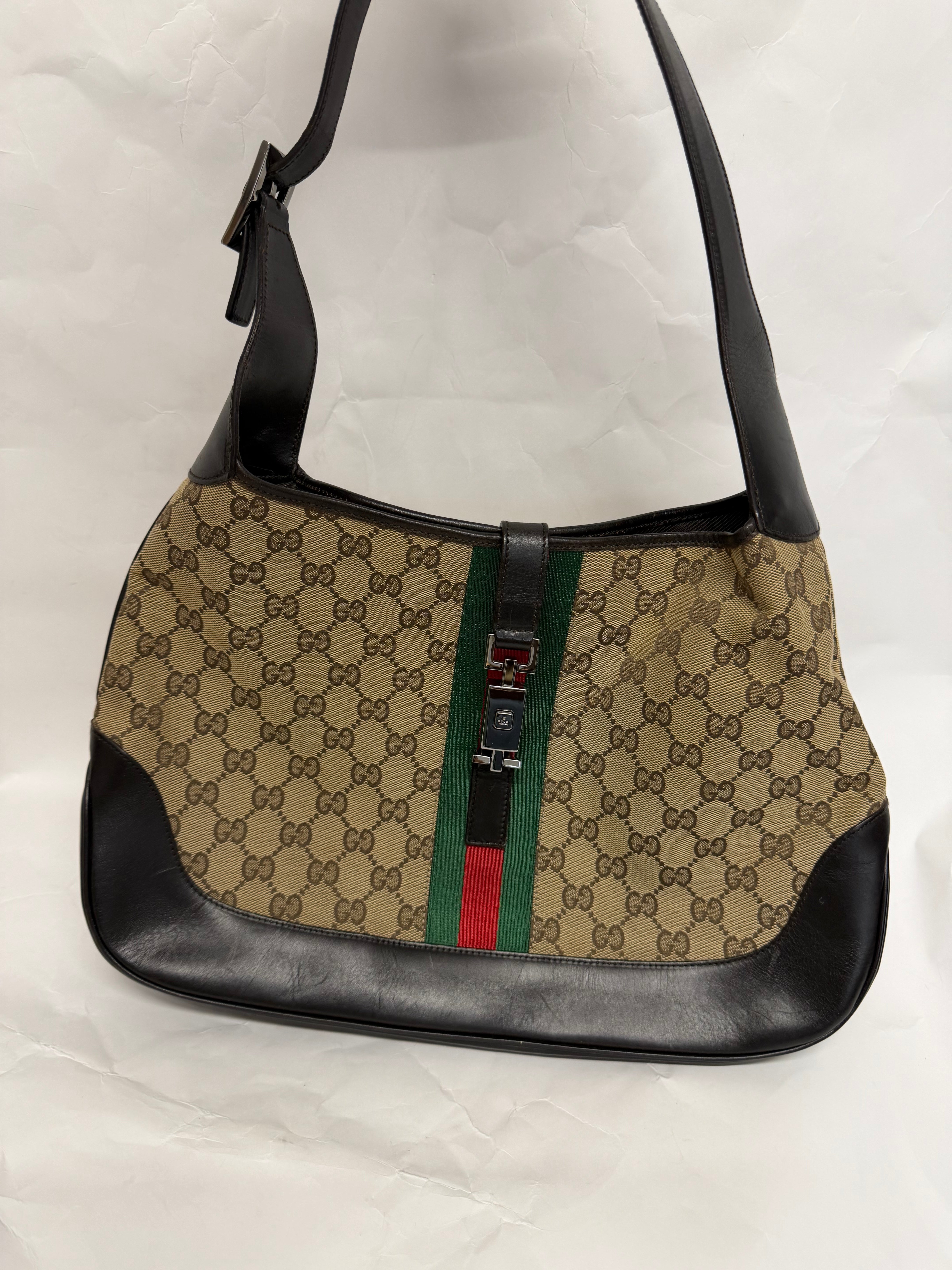 Gucci Jackie Grande Clásico Vintage | GG Canvas & Piel Marrón Oscuro