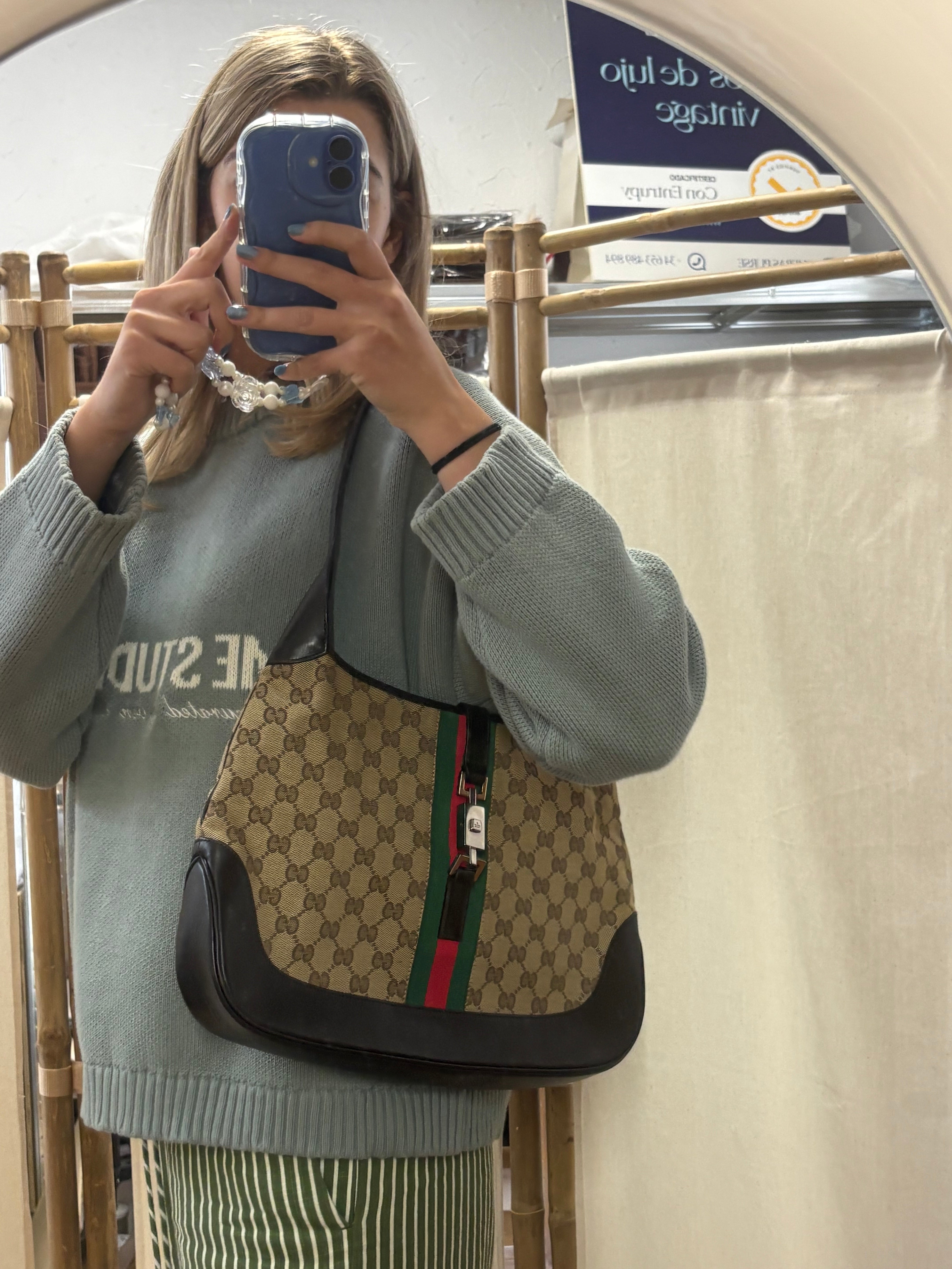 Gucci Jackie Grande Clásico Vintage | GG Canvas & Piel Marrón Oscuro