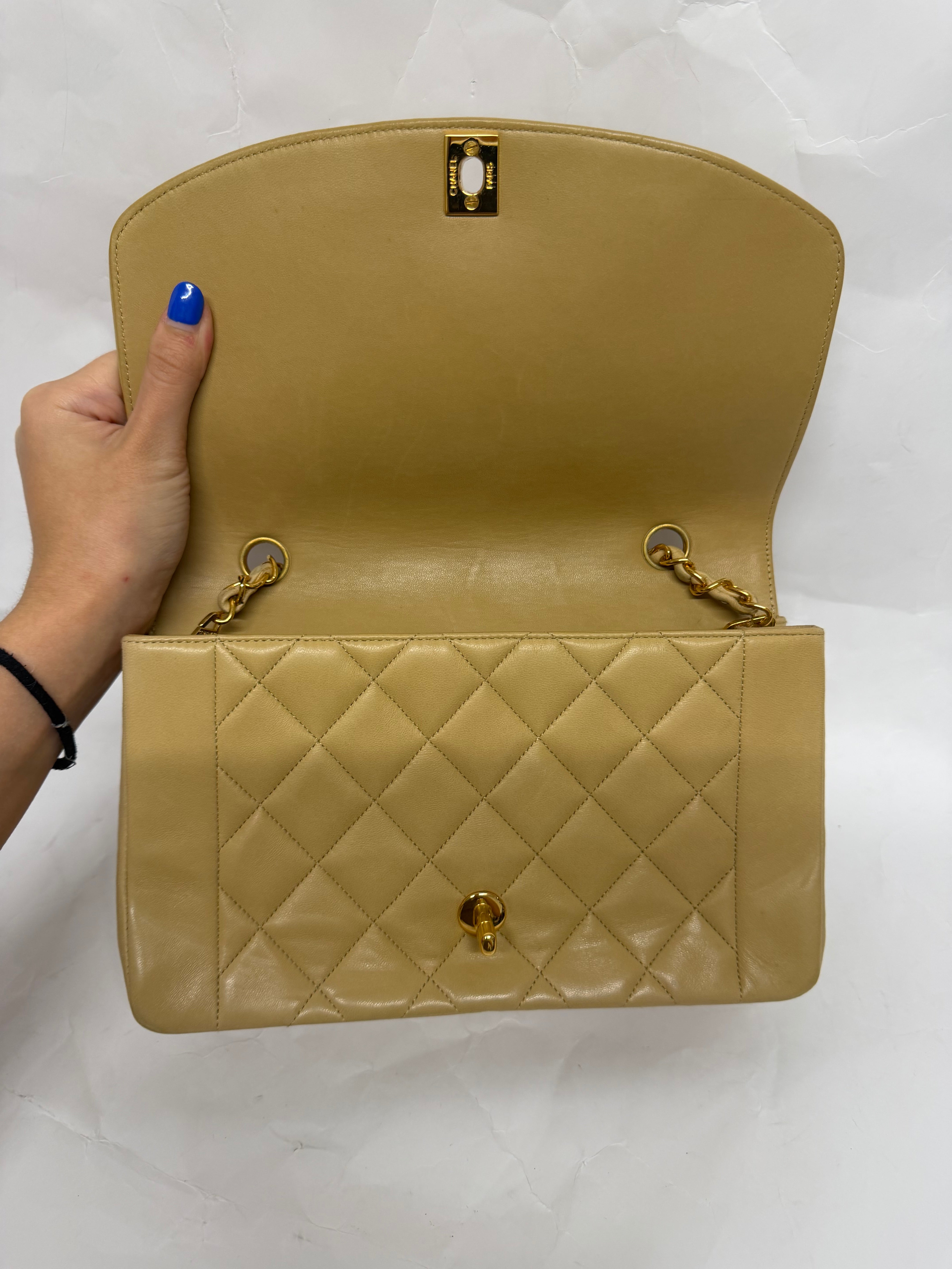 Chanel Diana Matelassé Lambskin Chain Shoulder Bag | Beige