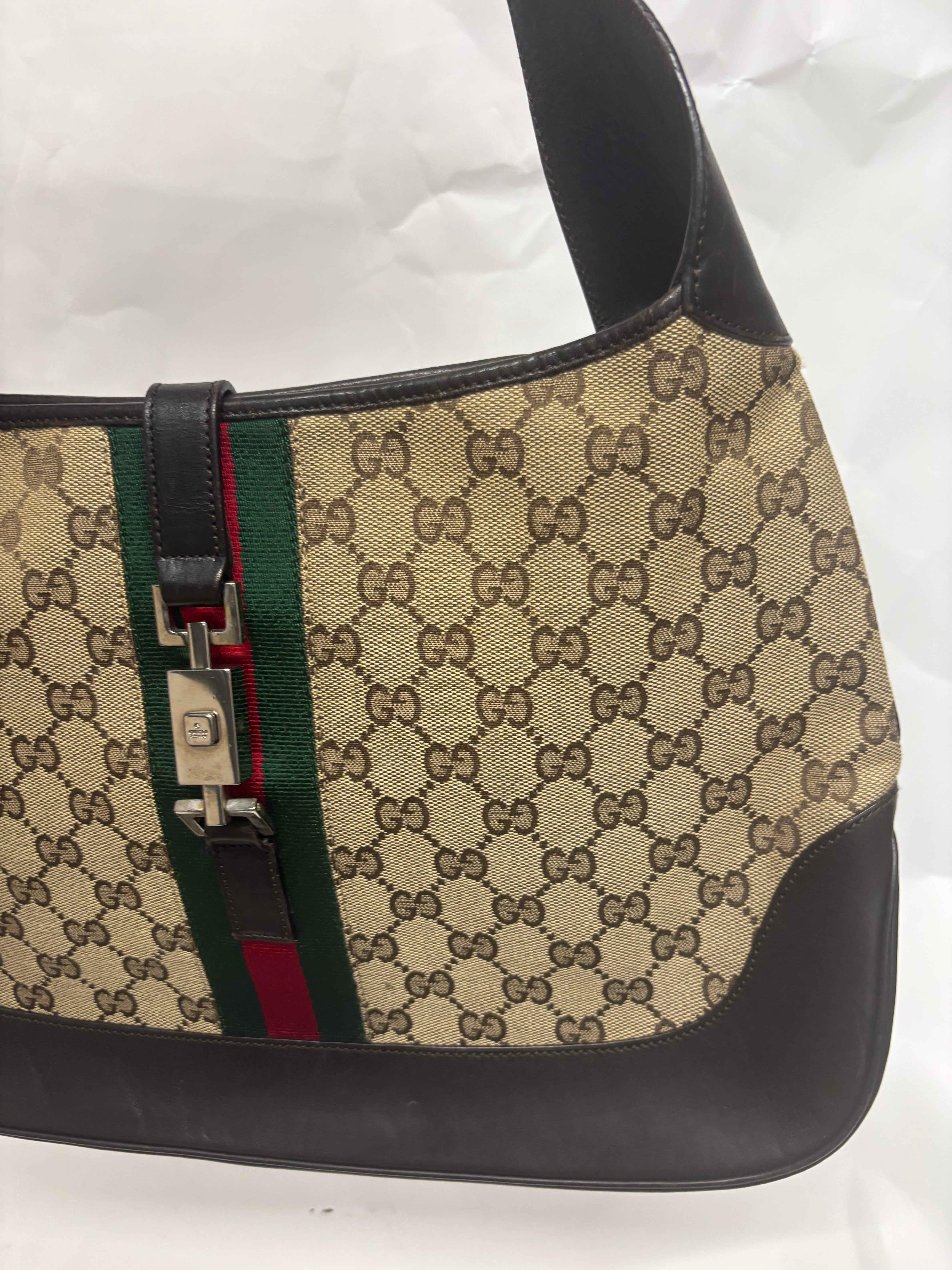 Gucci Jackie Grande Clásico Vintage | GG Canvas & Piel Marrón Oscuro