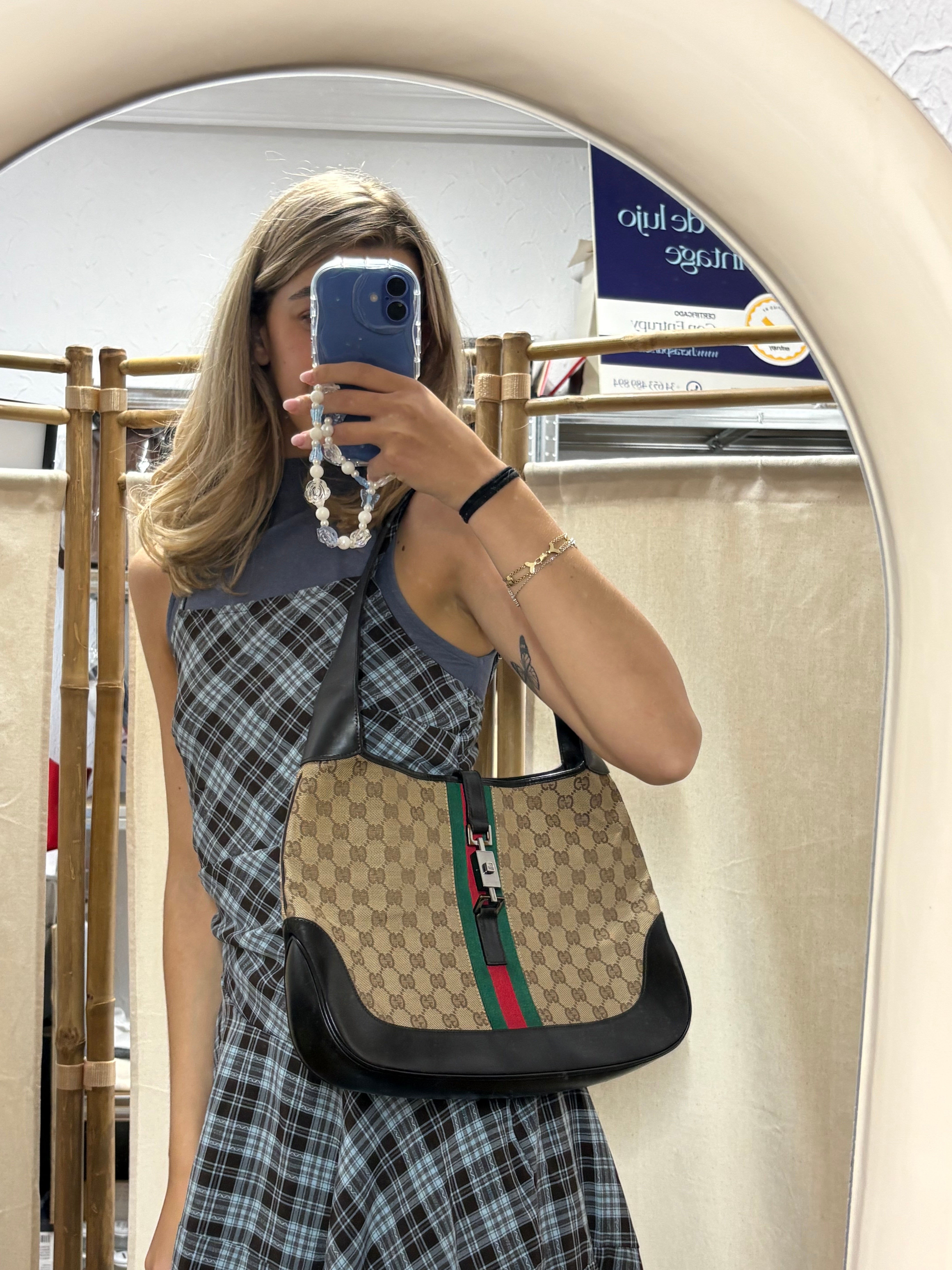 Gucci Jackie Grande Clásico Vintage | GG Canvas & Piel Marrón Oscuro