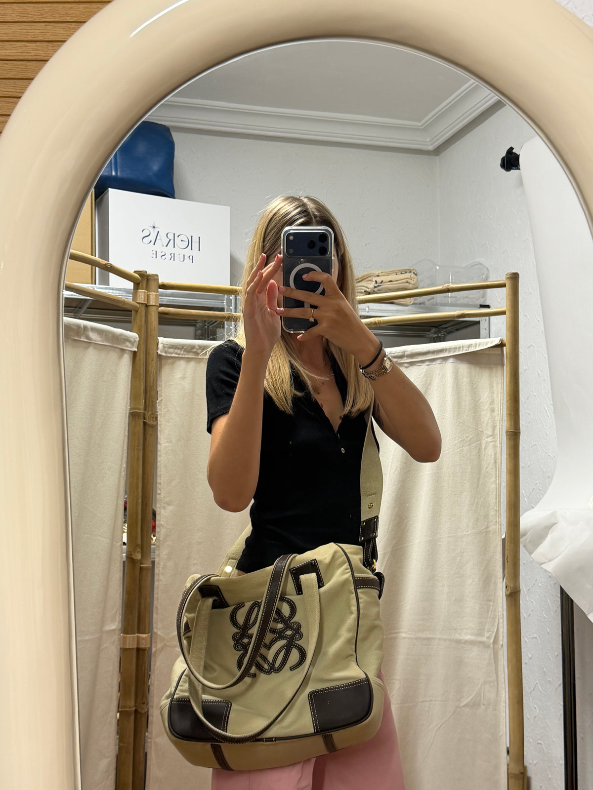 Loewe Tote Lona Crema con Anagrama en Piel Marrón y bandolera