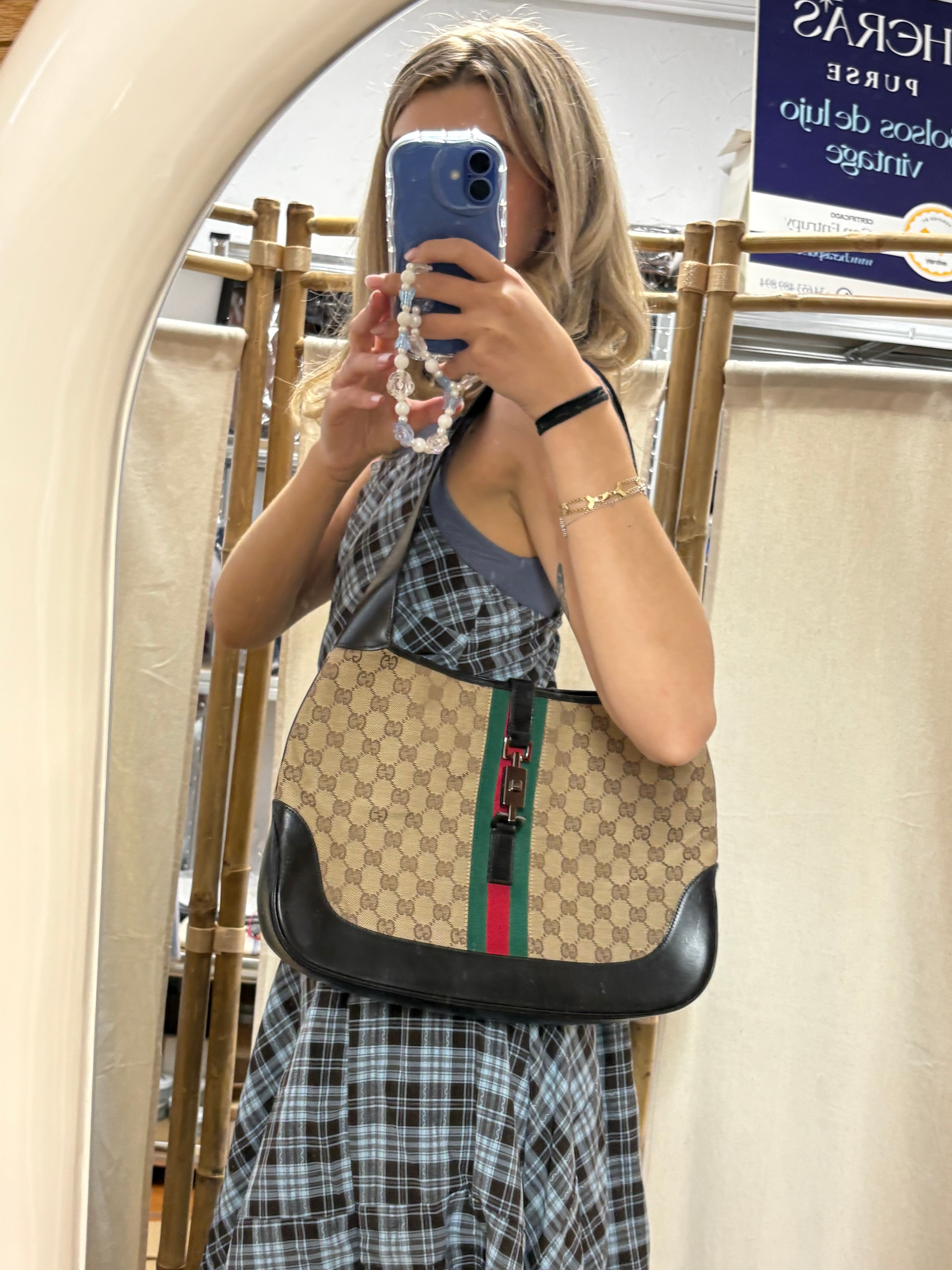 Gucci Jackie Grande Clásico Vintage | GG Canvas & Piel Marrón Oscuro