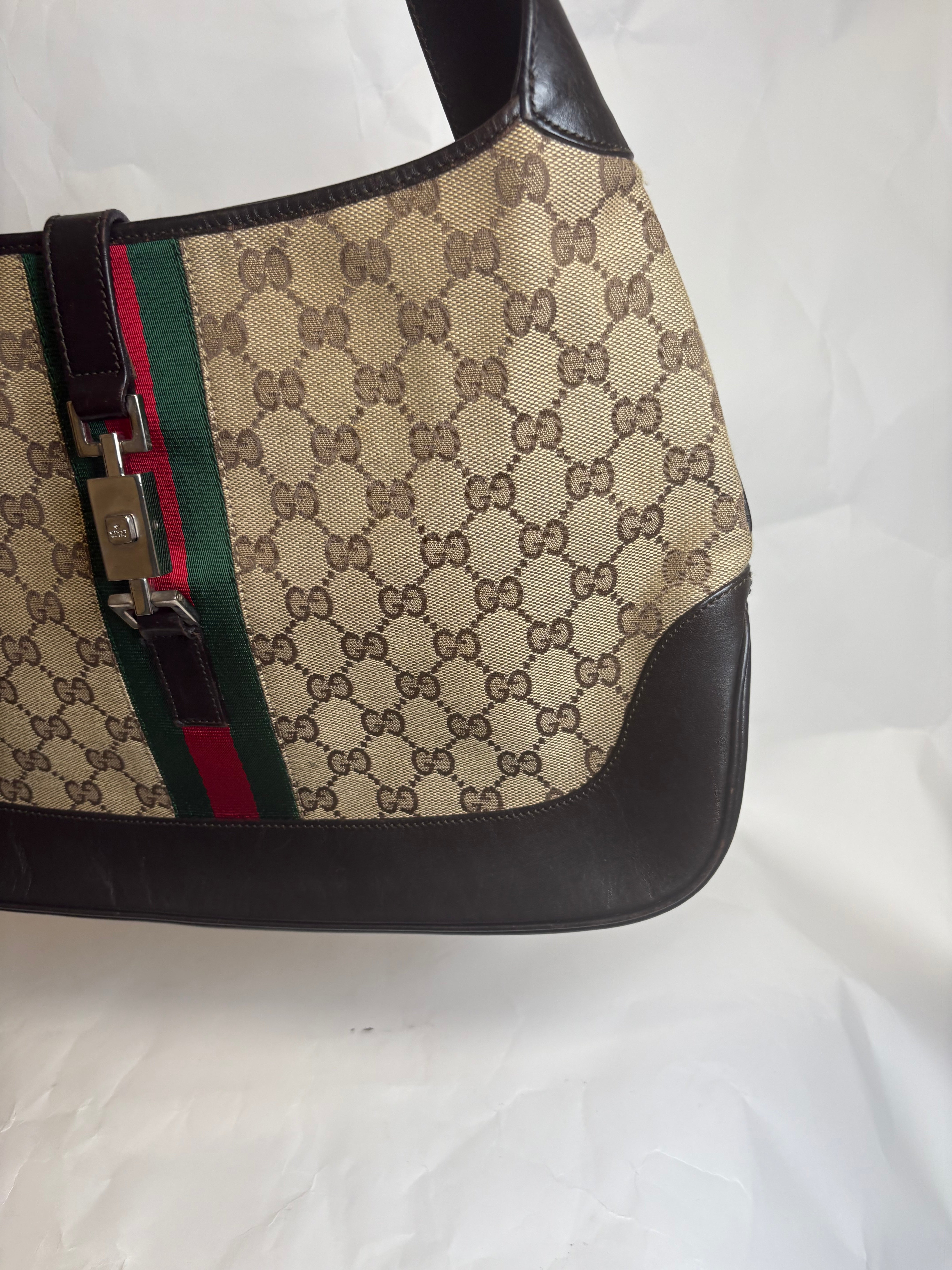 Gucci Jackie Grande Clásico Vintage | GG Canvas & Piel Marrón Oscuro