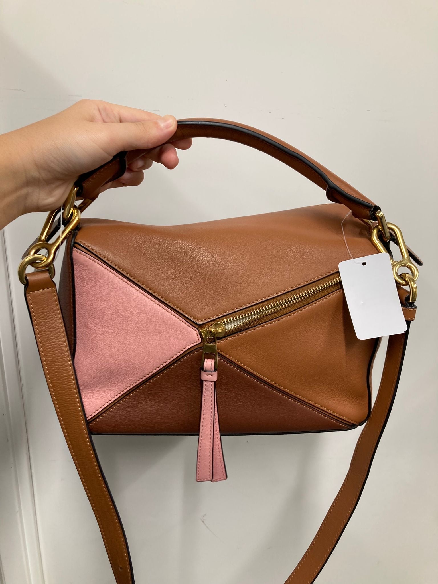Loewe Puzzle Small tricolor en piel marrón y rosa