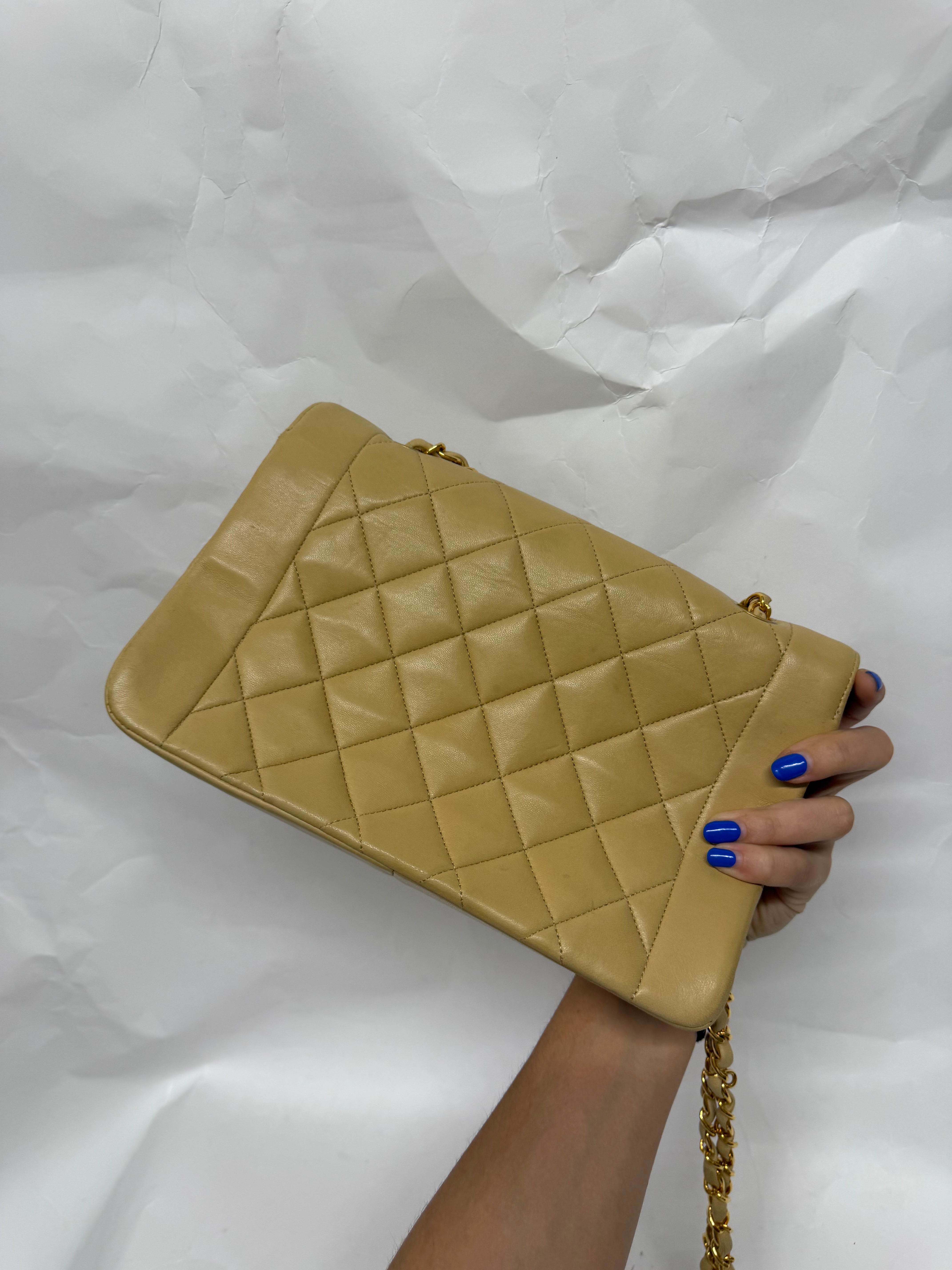 Chanel Diana Matelassé Lambskin Chain Shoulder Bag | Beige