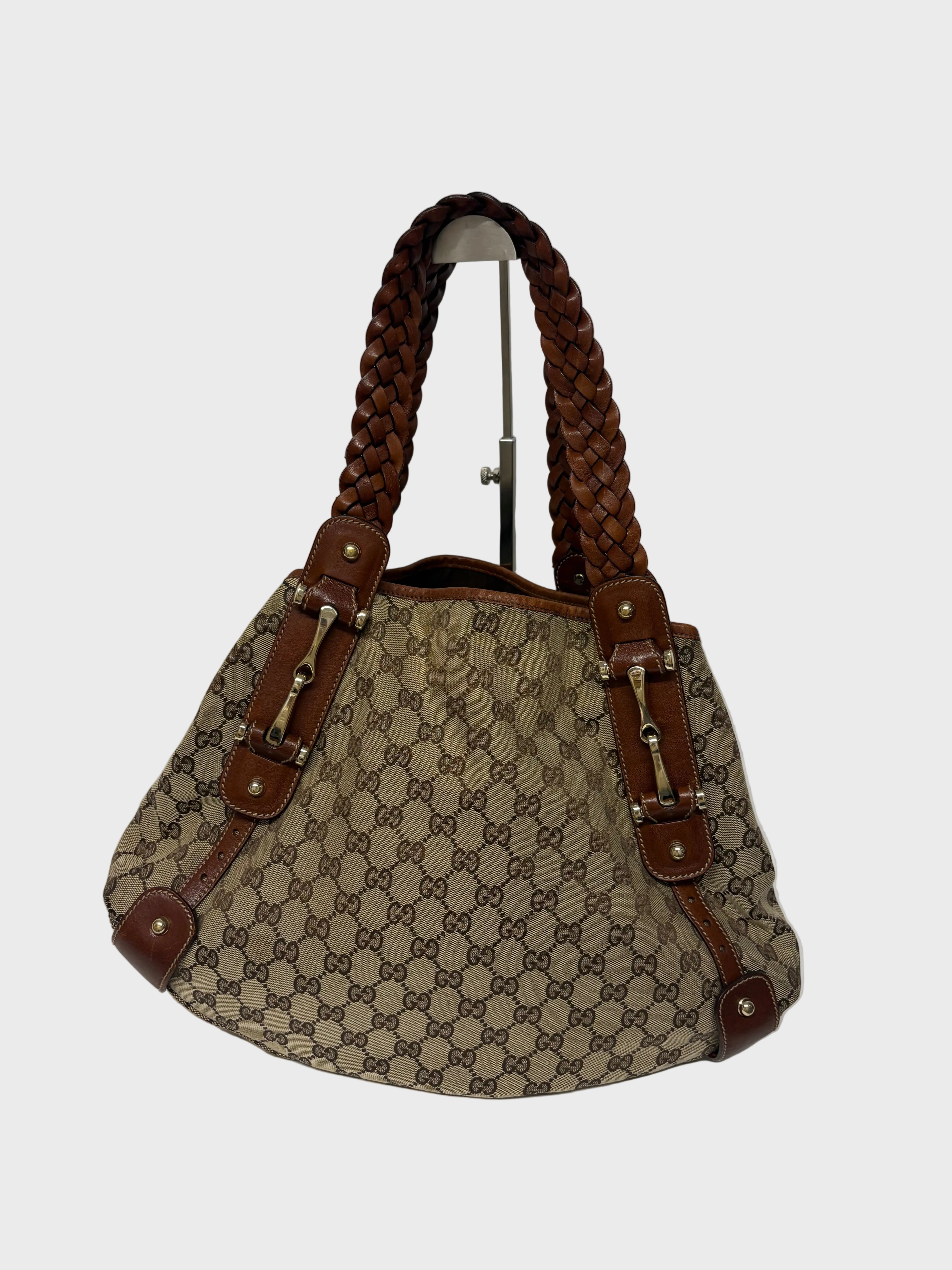 Gucci Pelham clásico en lona GG beige con piel marrón y asas trenzadas mediano