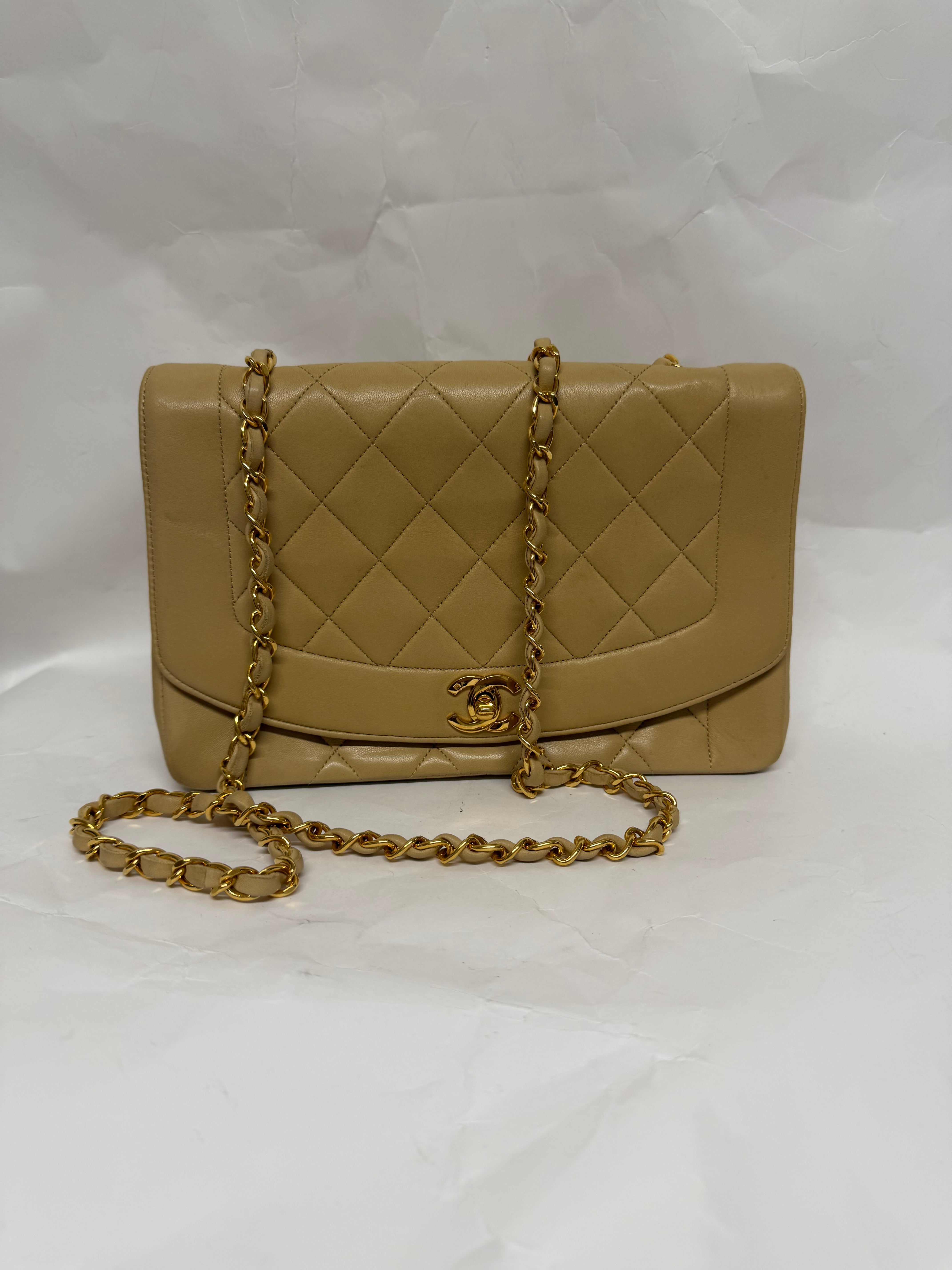 Chanel Diana Matelassé Lambskin Chain Shoulder Bag | Beige