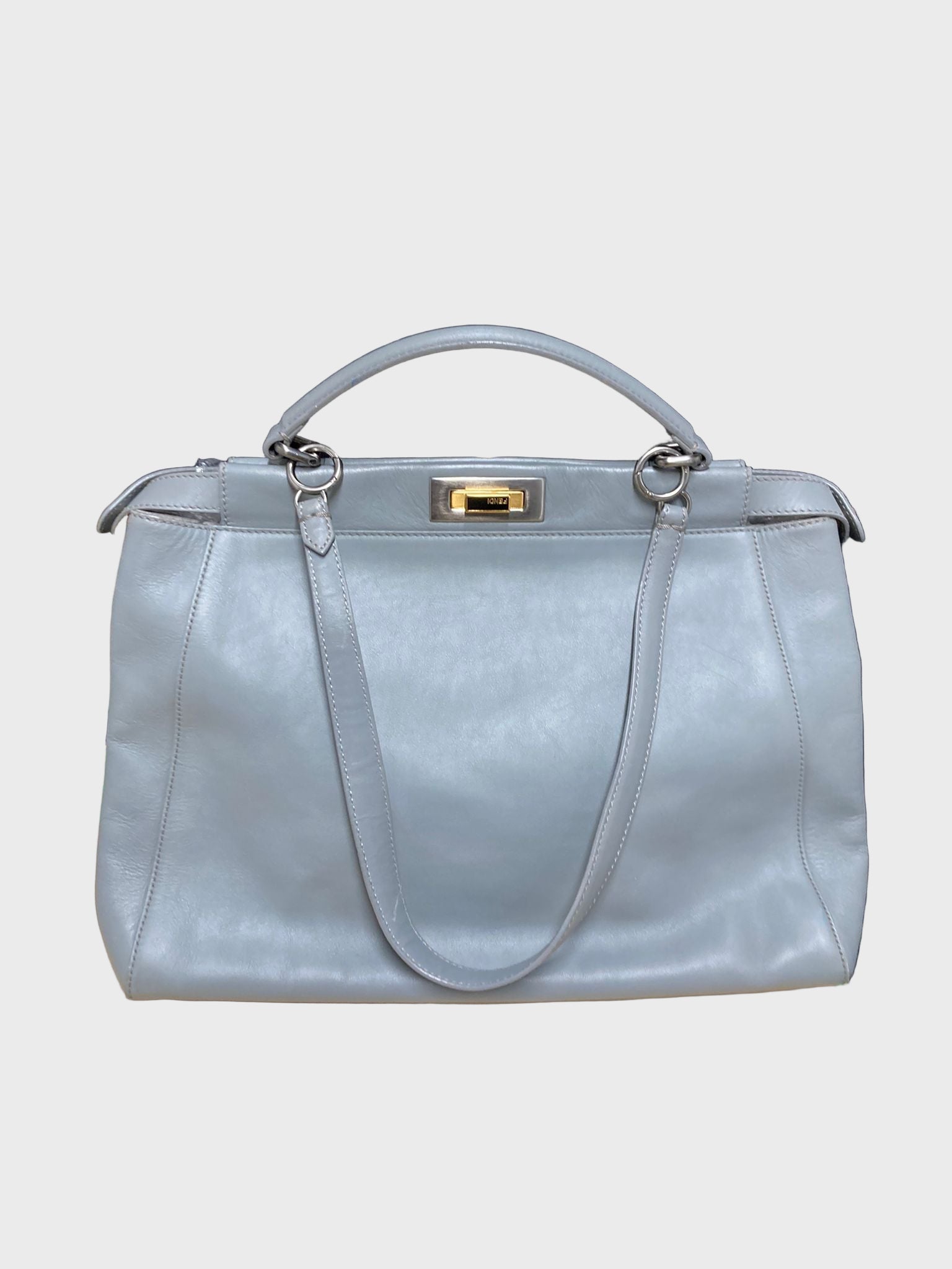 FENDI Peekaboo Large – Piel gris cielo – Doble compartimento con bandolera