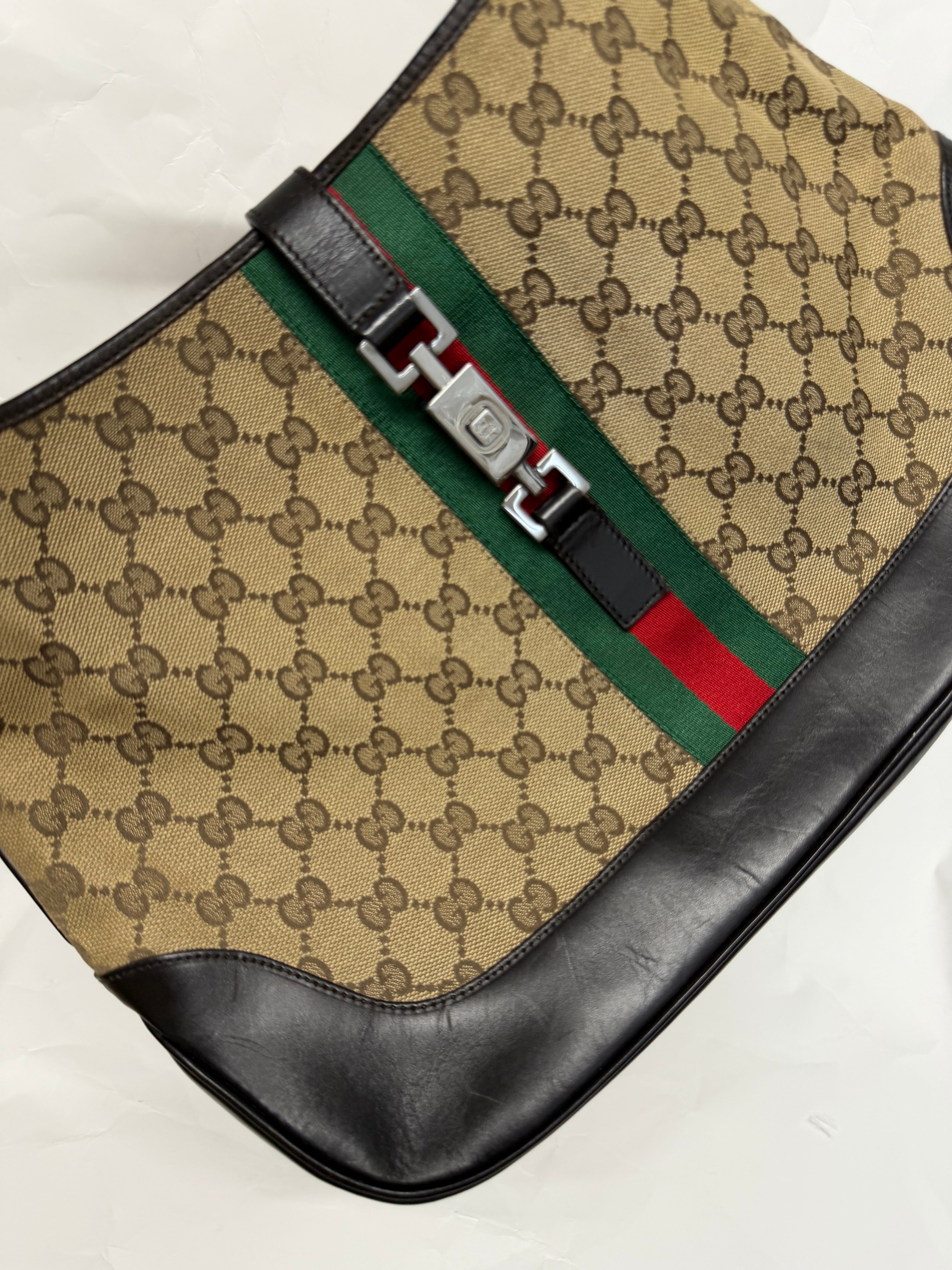 Gucci Jackie Grande Clásico Vintage | GG Canvas & Piel Marrón Oscuro