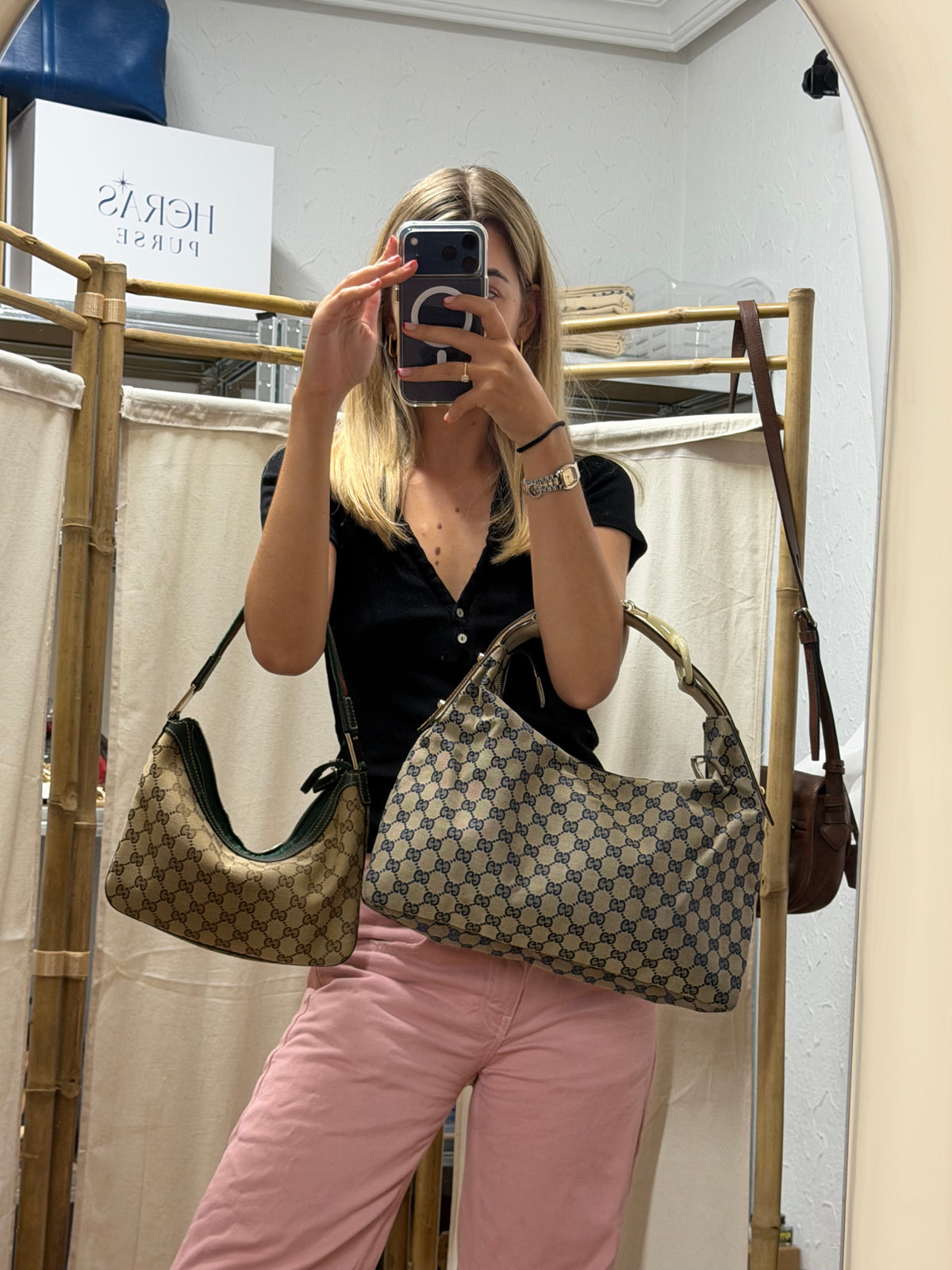 Gucci Horsebit Hobo Lona GG Azul Marino con Asa en Resina Marfil
