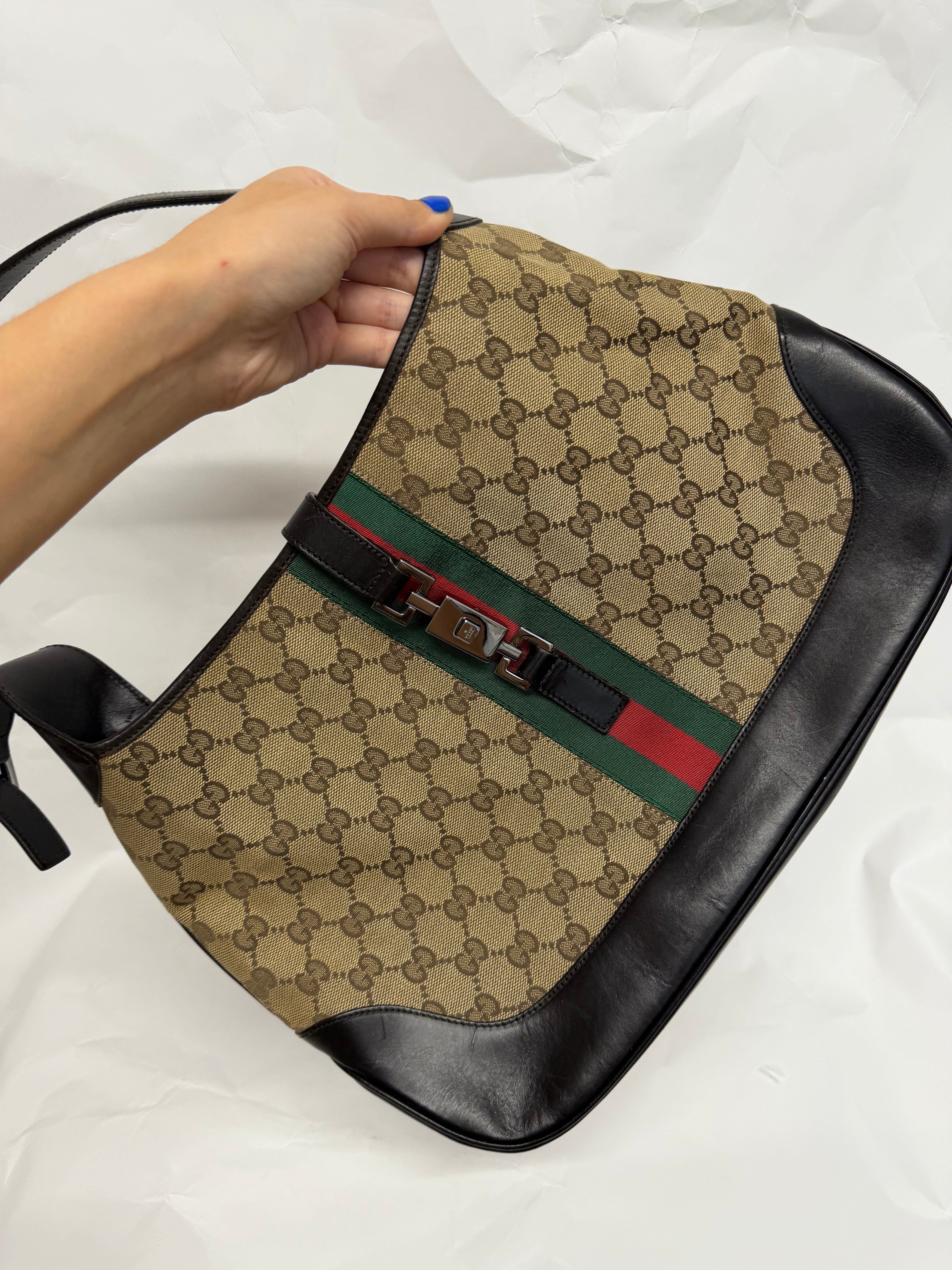 Gucci Jackie Grande Clásico Vintage | GG Canvas & Piel Marrón Oscuro