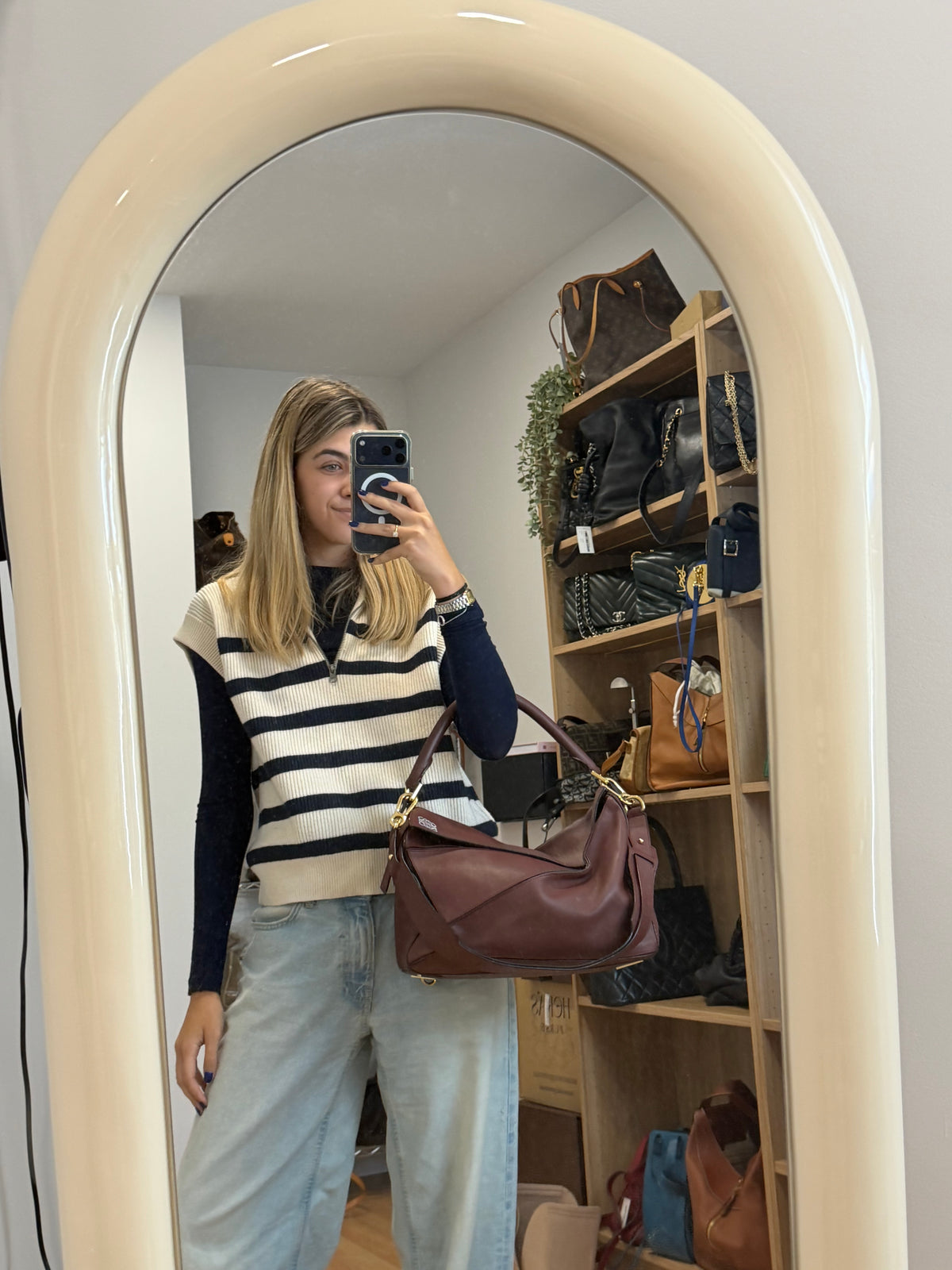 Loewe Puzzle Grande Piel Marrón Oscuro Teja · Herrajes Dorados · con Bandolera