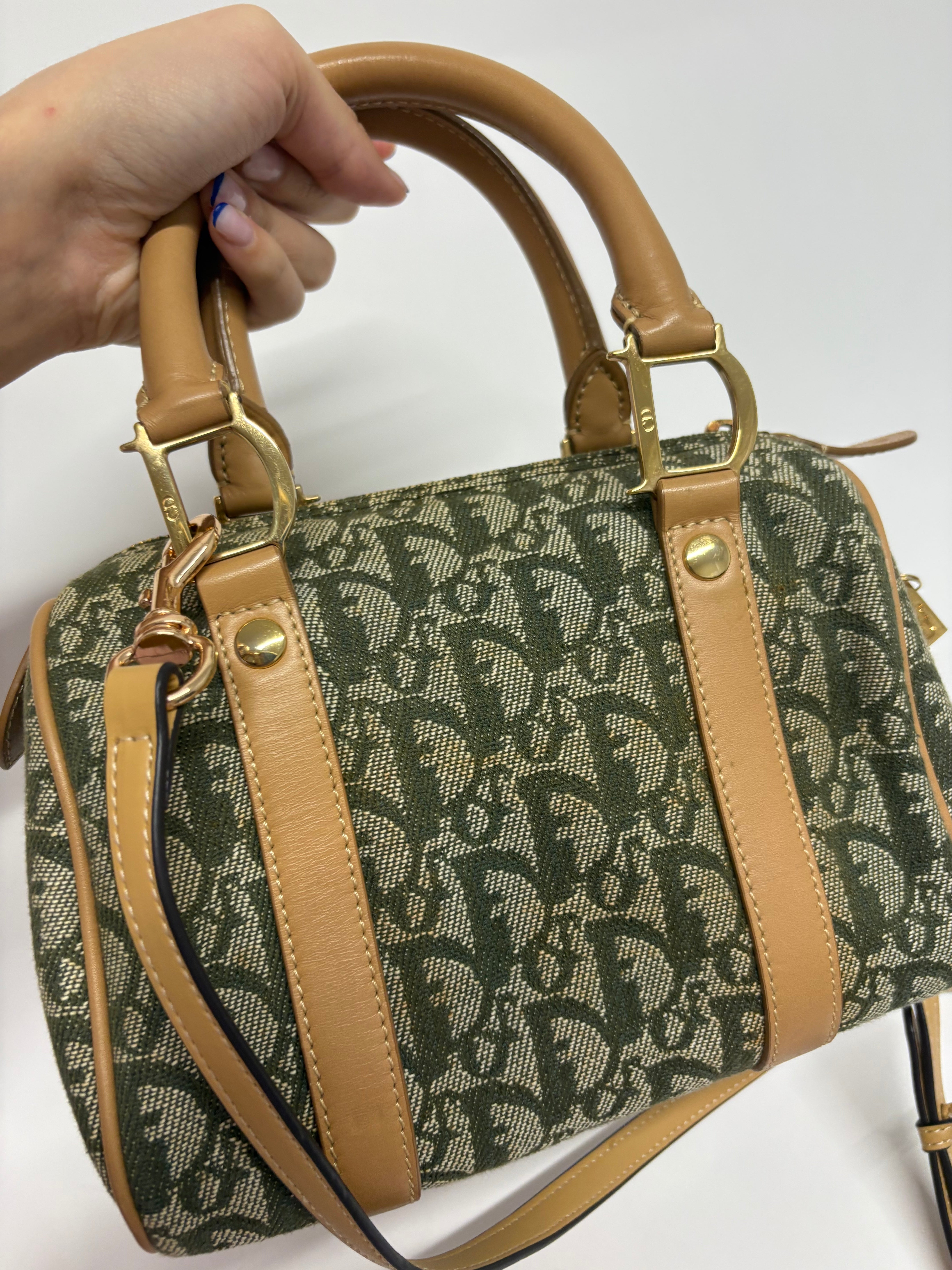 Christian Dior mini Trotter Boston Bag verde y beige con bandolera extra