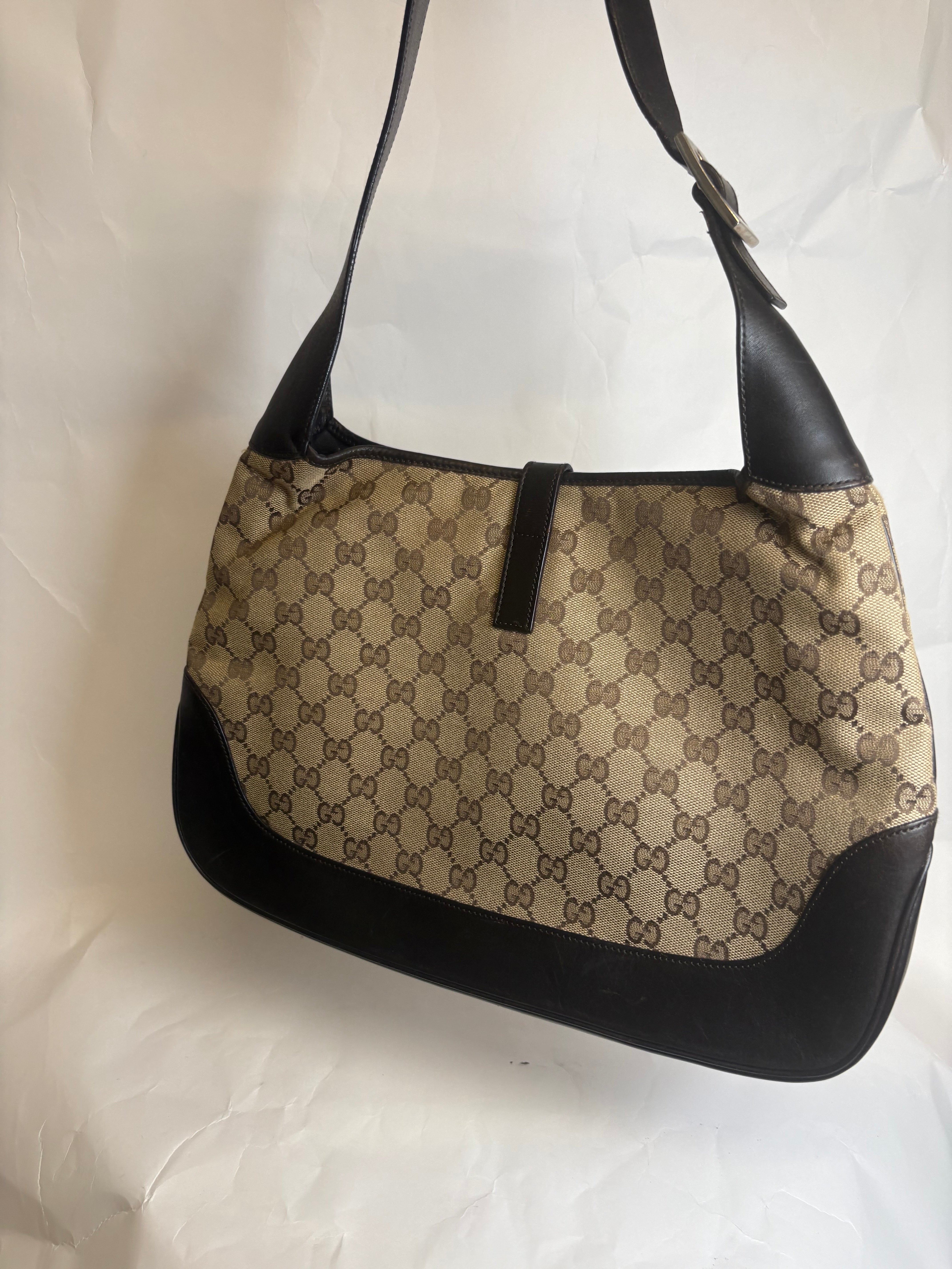 Gucci Jackie Grande Clásico Vintage | GG Canvas & Piel Marrón Oscuro