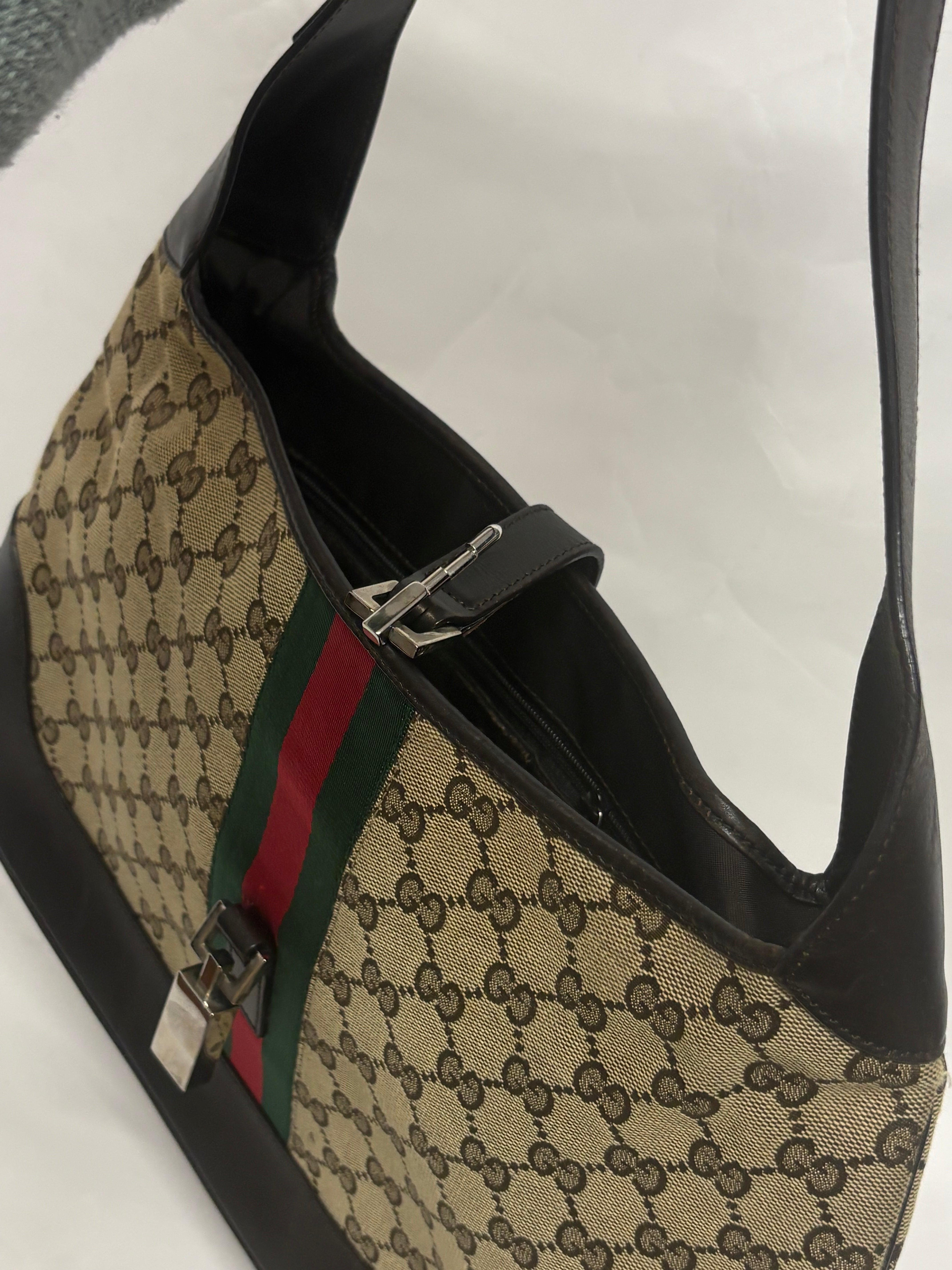 Gucci Jackie Grande Clásico Vintage | GG Canvas & Piel Marrón Oscuro