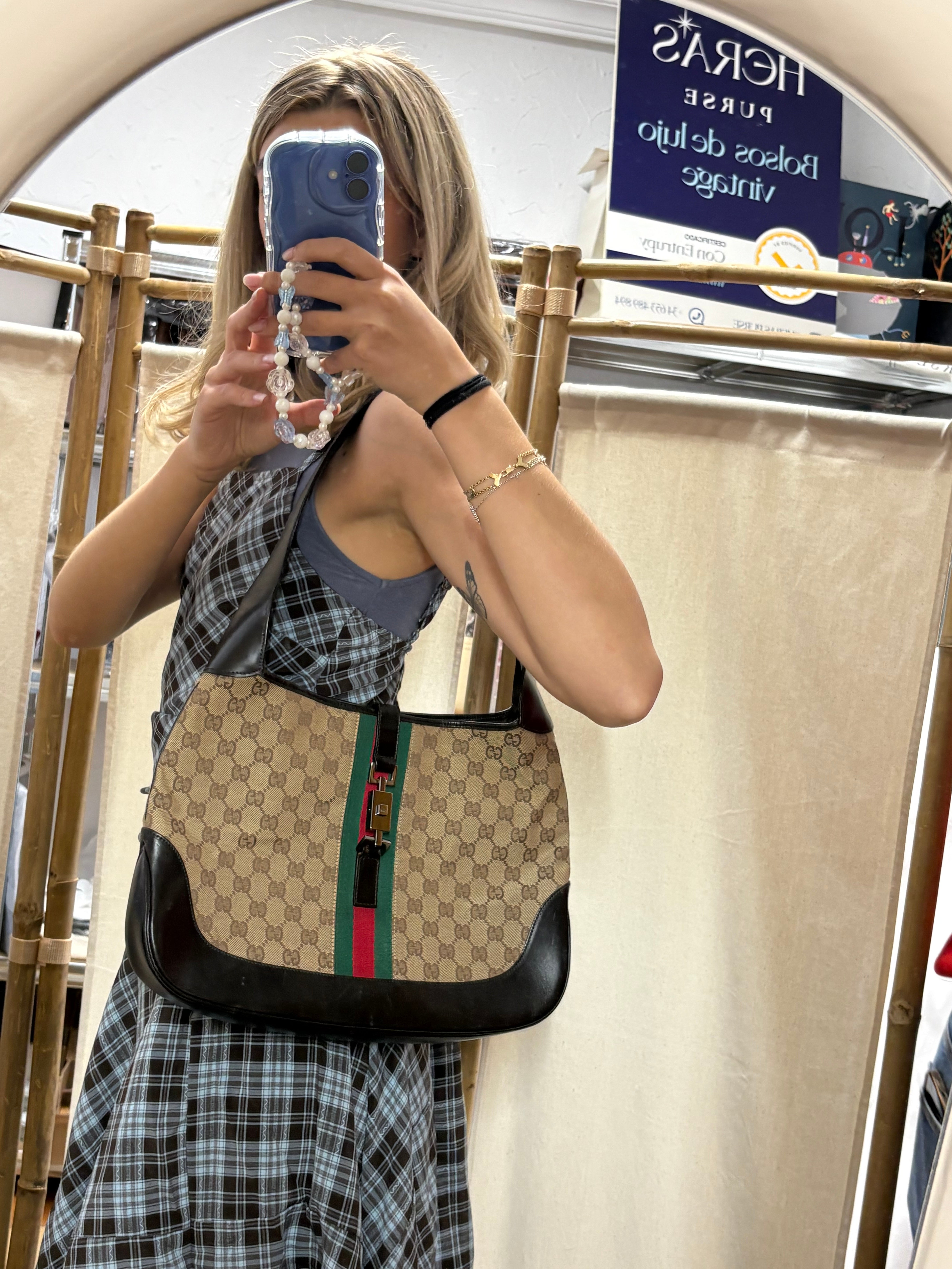 Gucci Jackie Grande Clásico Vintage | GG Canvas & Piel Marrón Oscuro