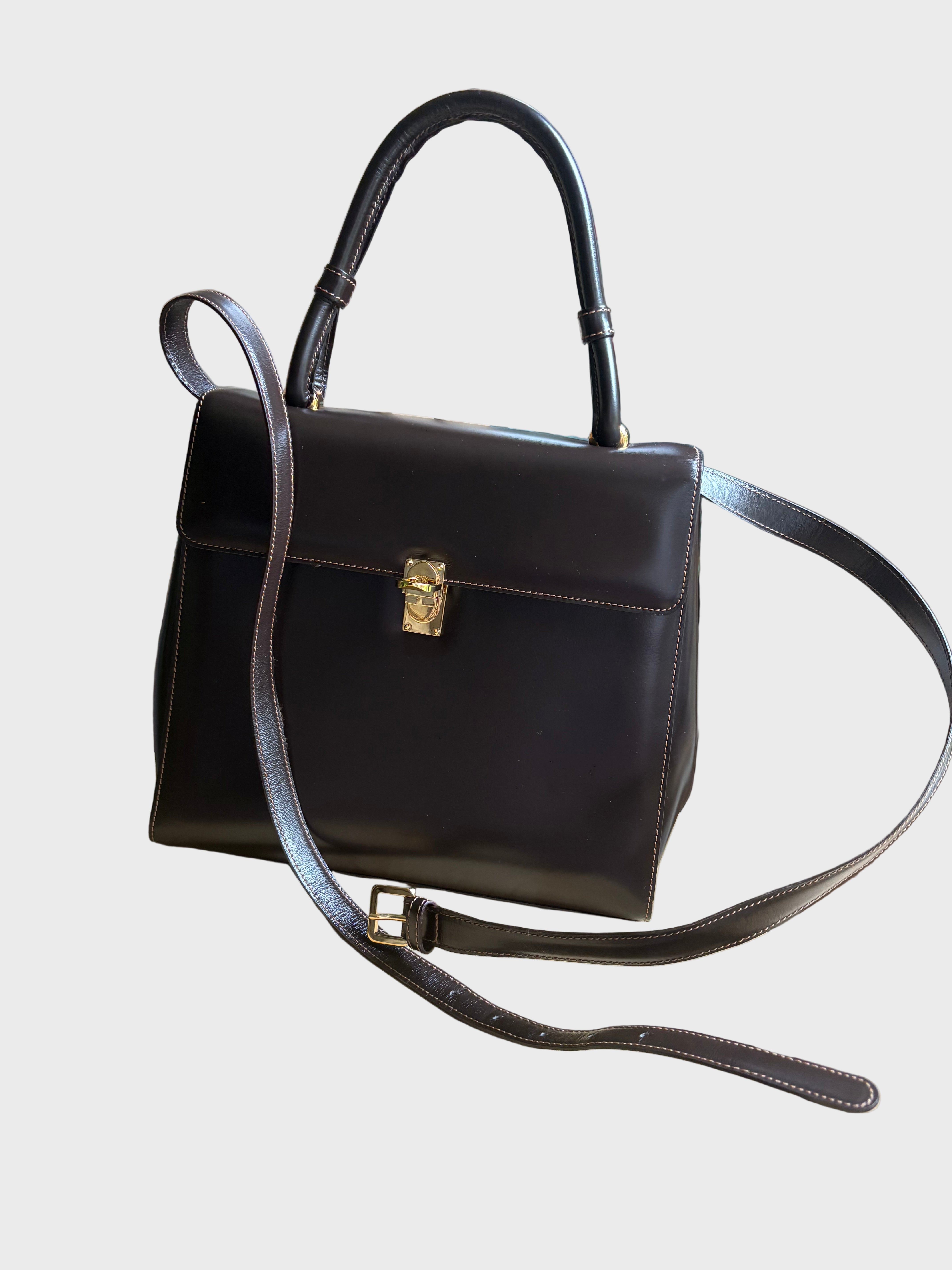 Bolso vintage Loewe de piel marrón oscuro con asa rígida y bandolera