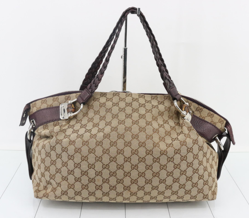 Gucci Pelham GG Canvas Marrón Oscuro / Berenjena · Piel trenzada · Gran formato