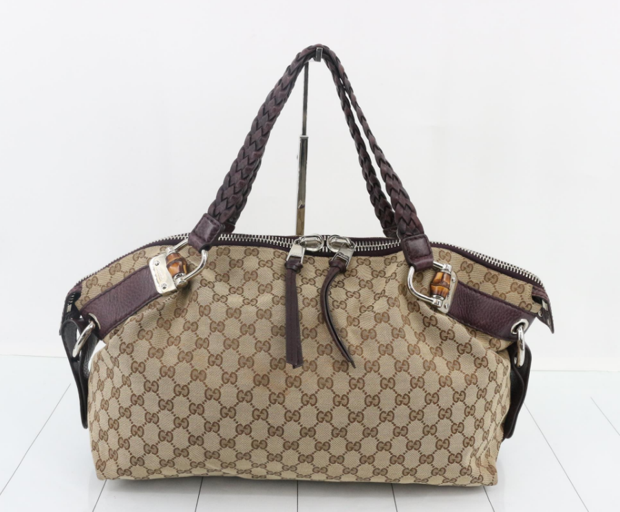 Gucci Pelham GG Canvas Marrón Oscuro / Berenjena · Piel trenzada · Gran formato