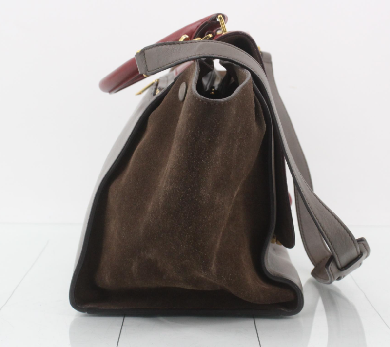 CélineTrapeze Medium Piel gris topo y ante marrón con solapa burdeos