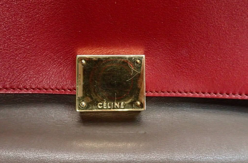 CélineTrapeze Medium Piel gris topo y ante marrón con solapa burdeos