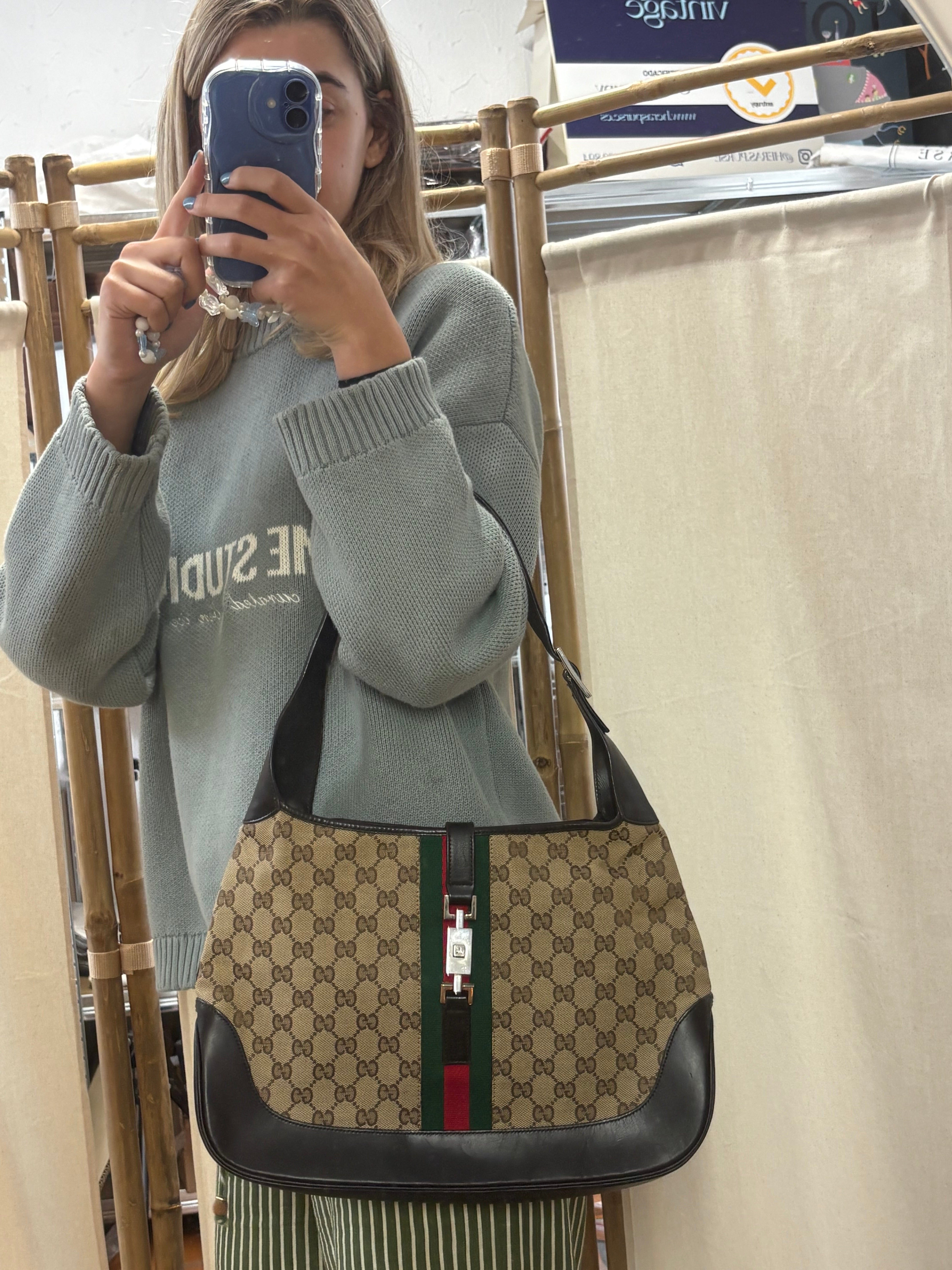 Gucci Jackie Grande Clásico Vintage | GG Canvas & Piel Marrón Oscuro