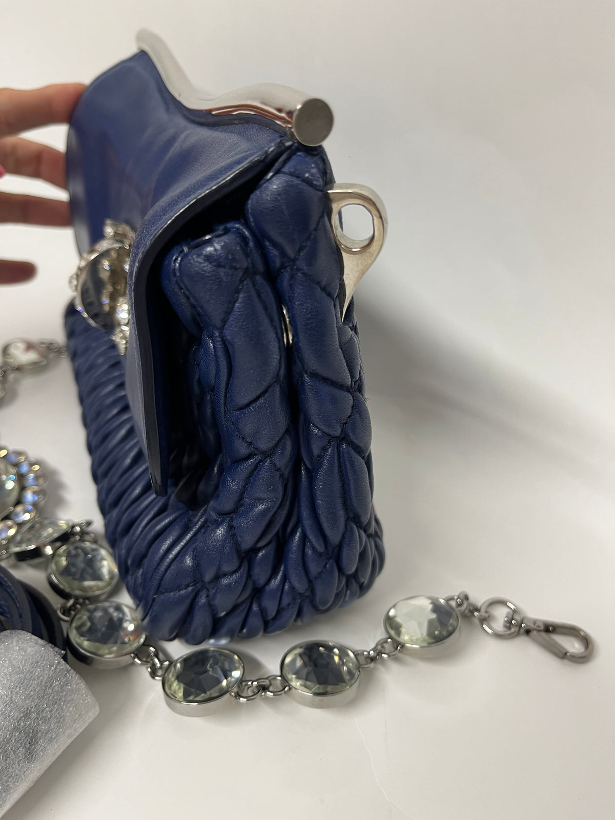 Miu Miu mini Matelassé Crystal Frame Flap Napa Azul