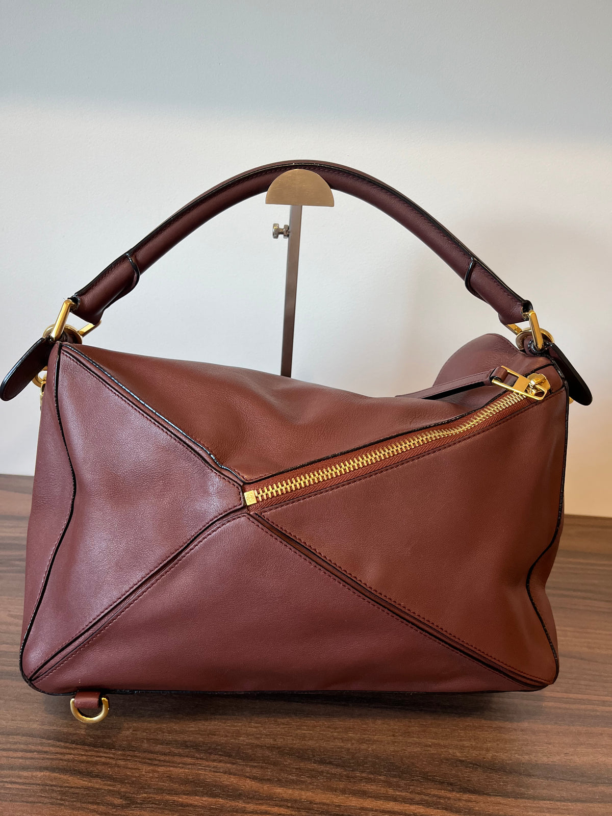 Loewe Puzzle Grande Piel Marrón Oscuro Teja · Herrajes Dorados · con Bandolera