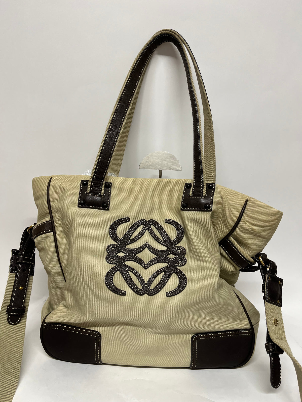 Loewe Tote Lona Crema con Anagrama en Piel Marrón y bandolera