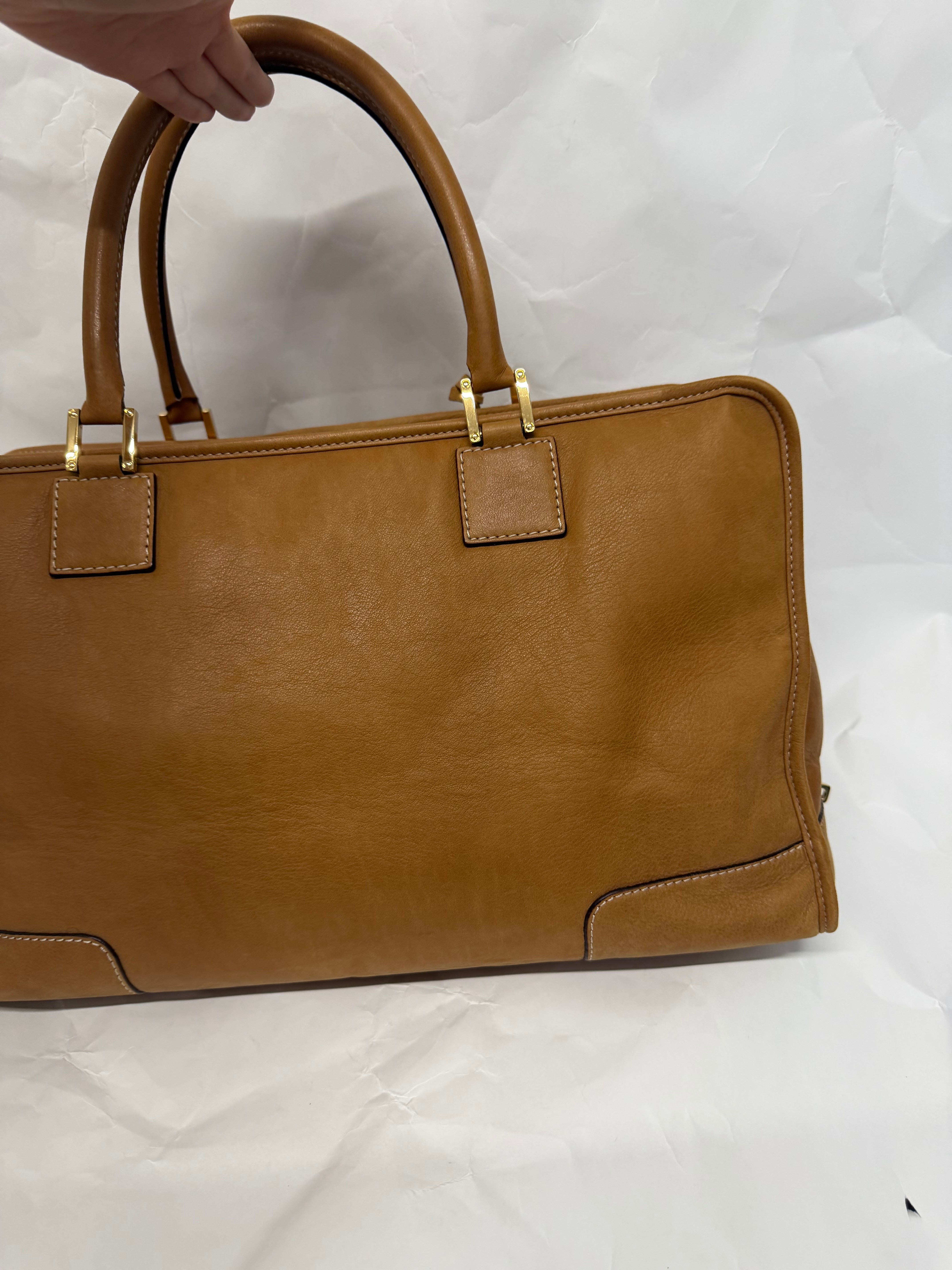 Loewe Amazona XXI 42 — Nubuck Camel con Anagrama en Carey
