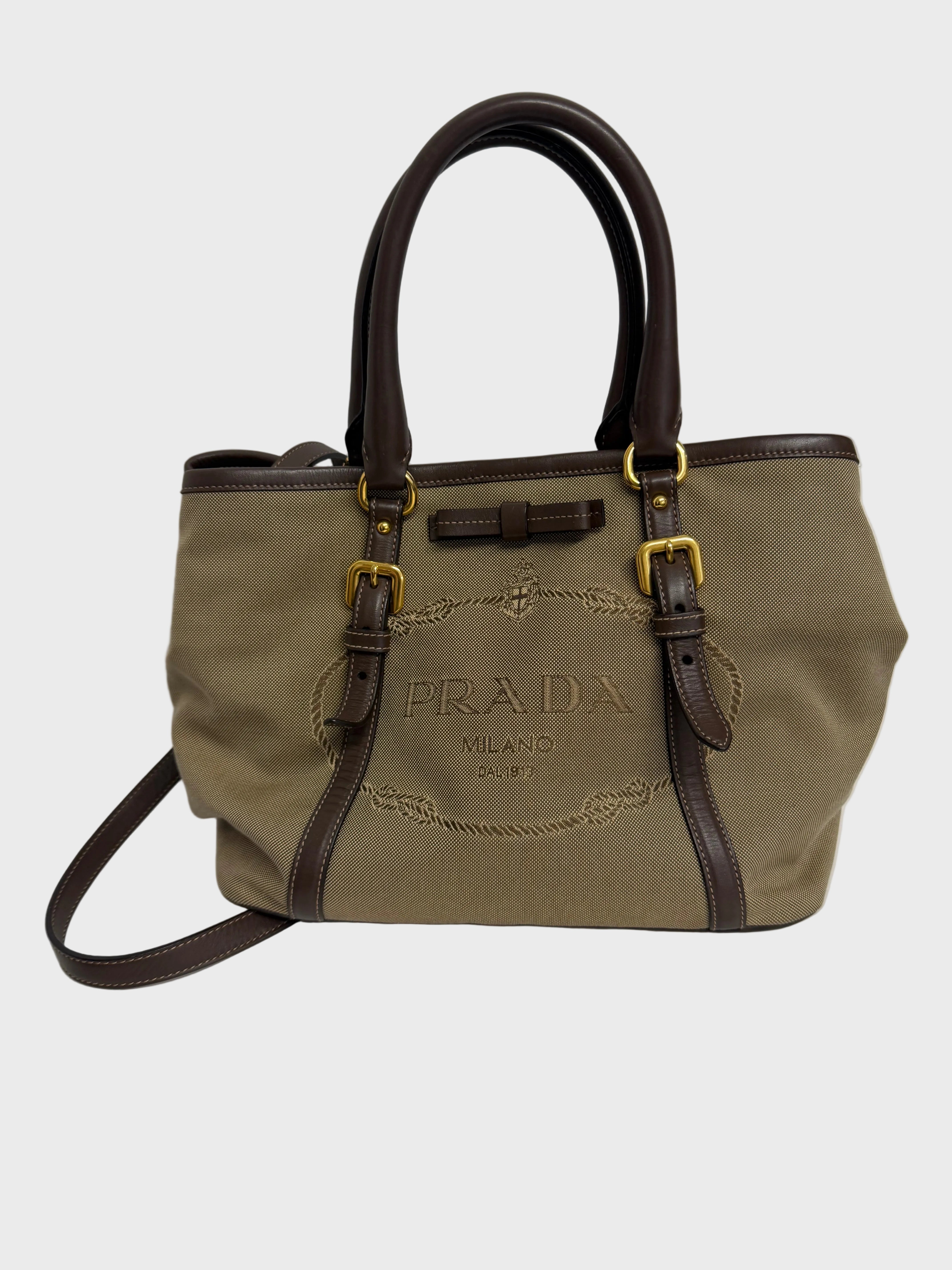 Prada Logo Jacquard Handbag | Canvas Beige Brown