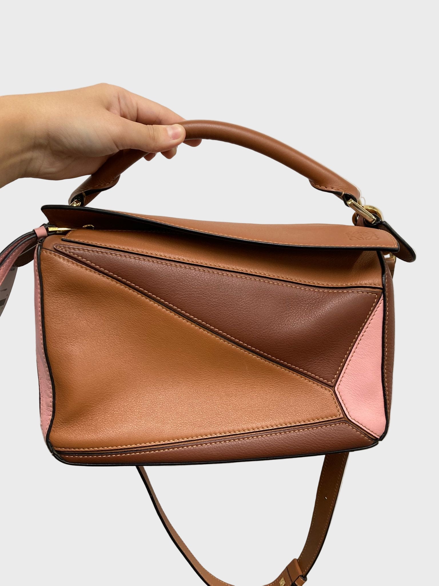 Loewe Puzzle Small tricolor en piel marrón y rosa