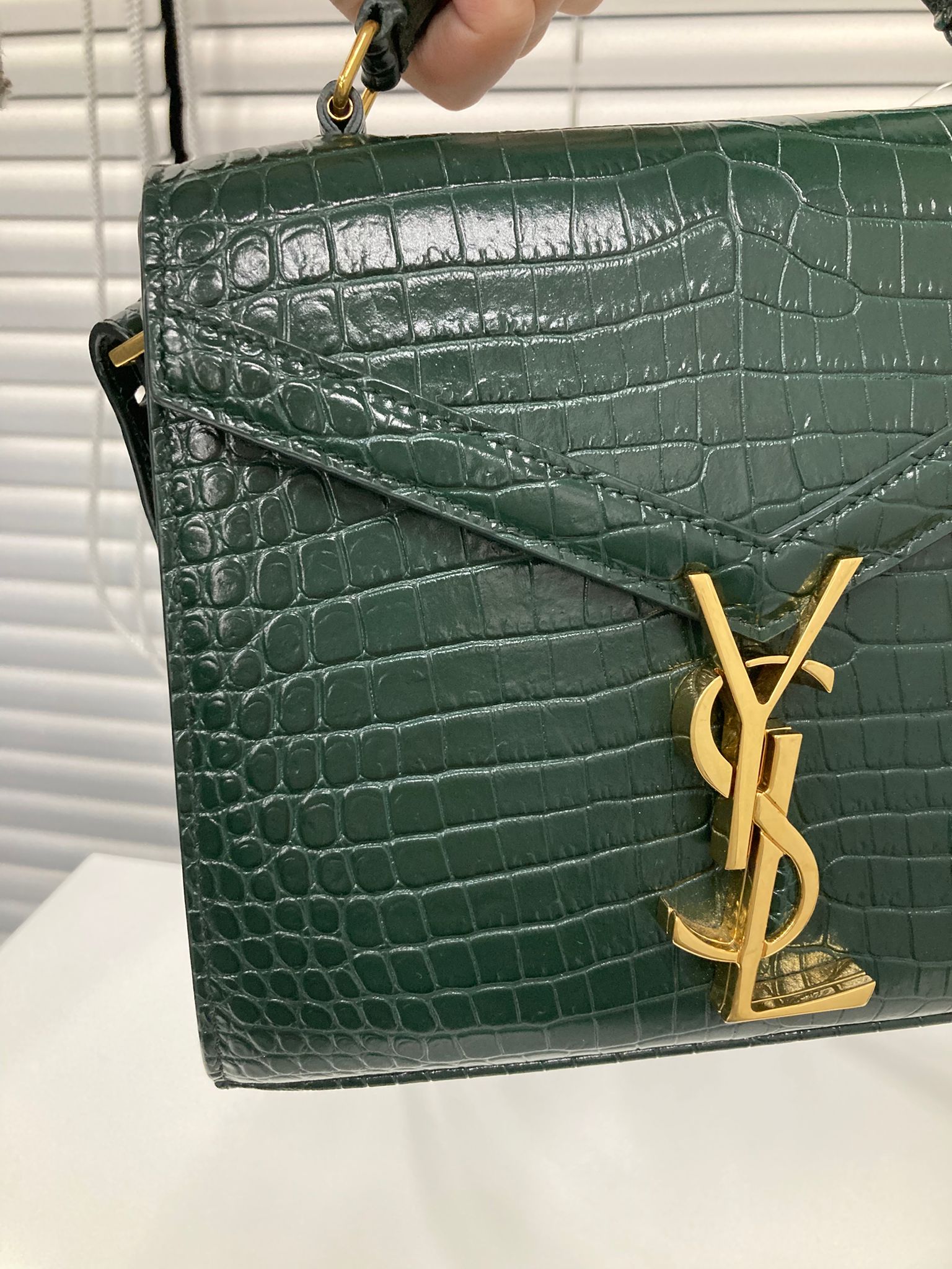 Saint laurent cassandra top handle verde efecto cocodrilo