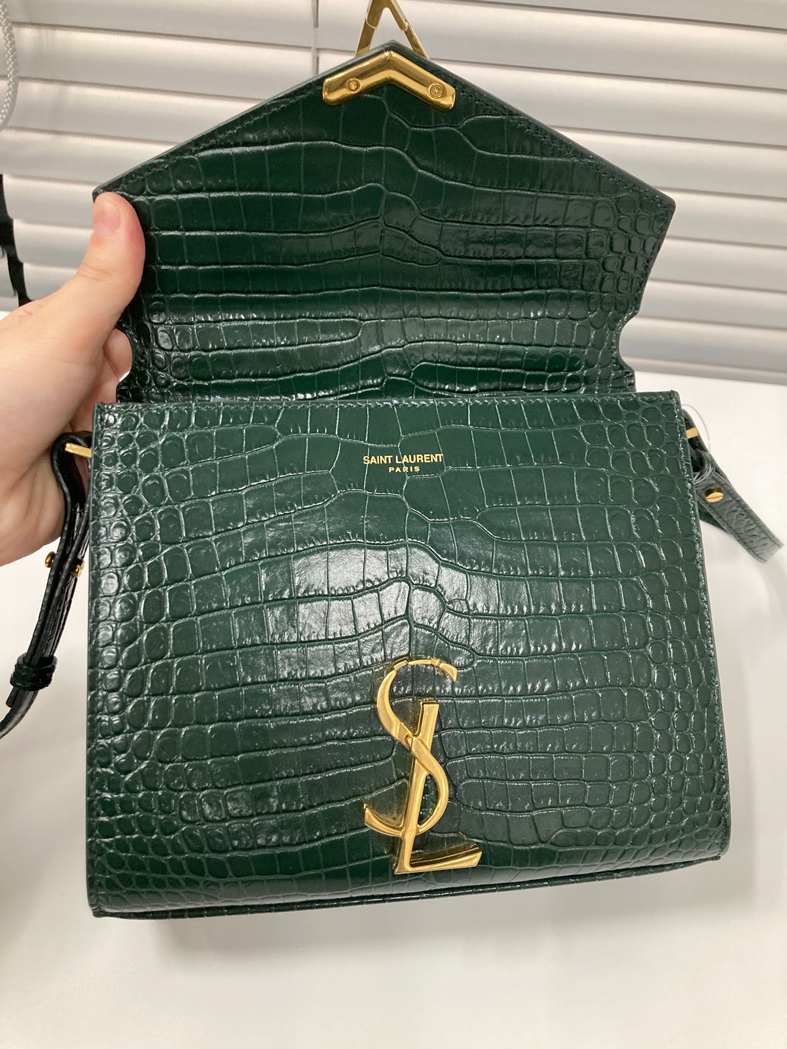 Saint laurent cassandra top handle verde efecto cocodrilo