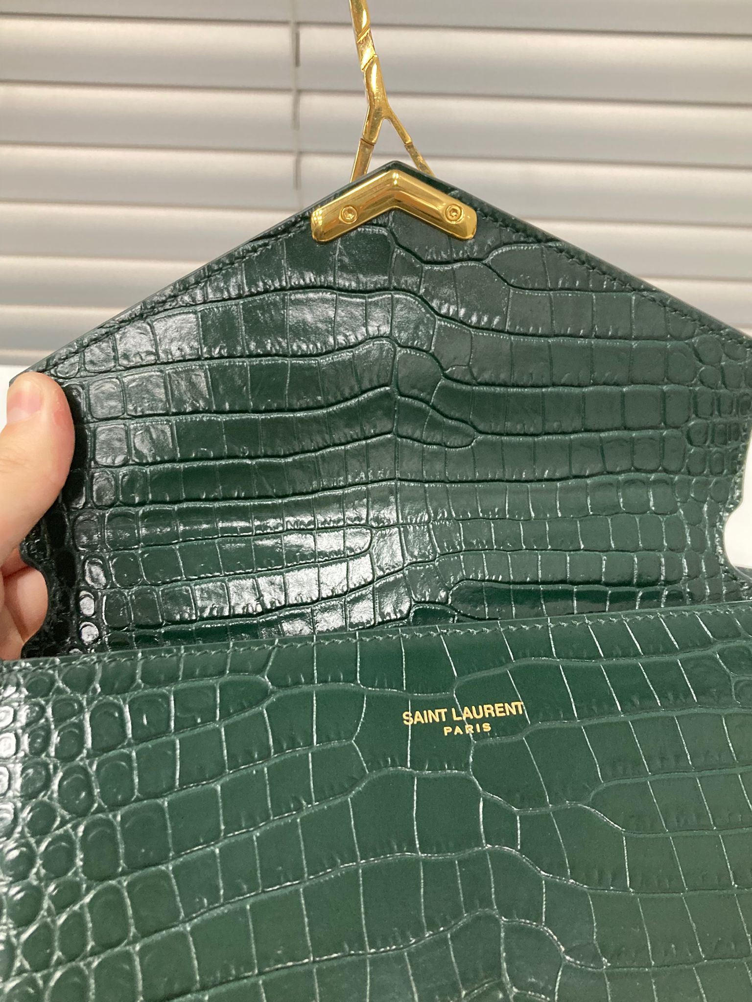 Saint laurent cassandra top handle verde efecto cocodrilo