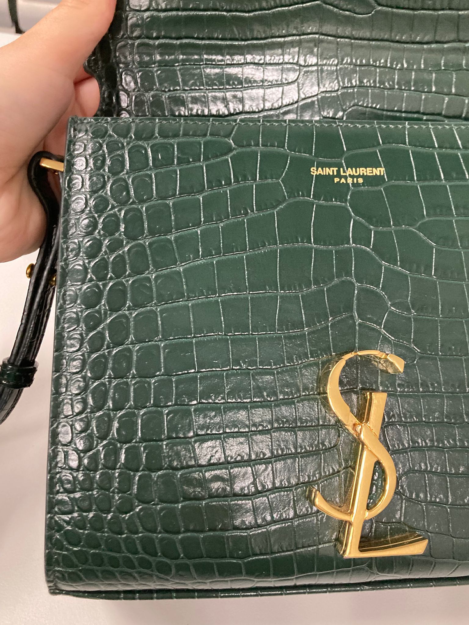 Saint laurent cassandra top handle verde efecto cocodrilo