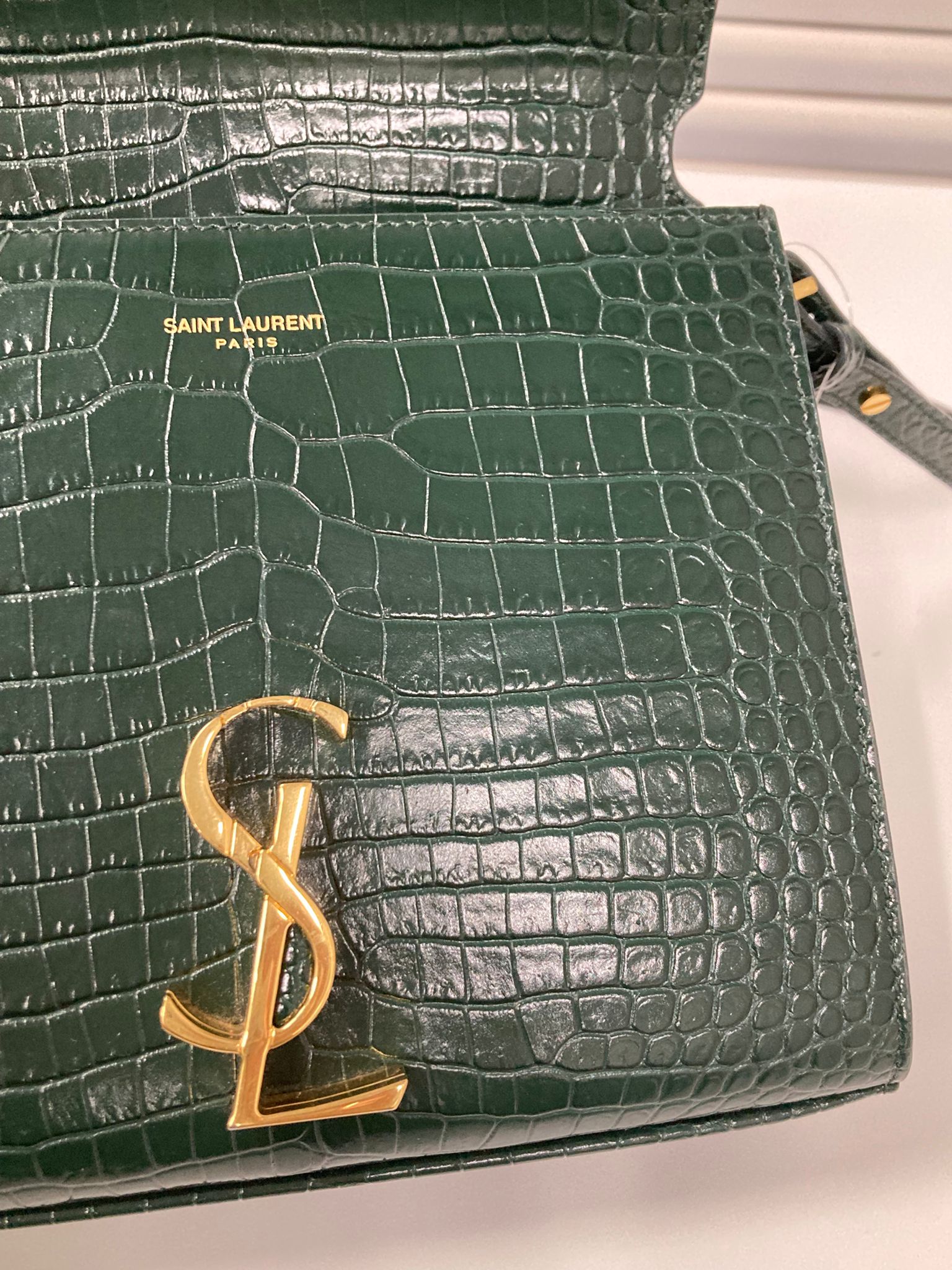 Saint laurent cassandra top handle verde efecto cocodrilo
